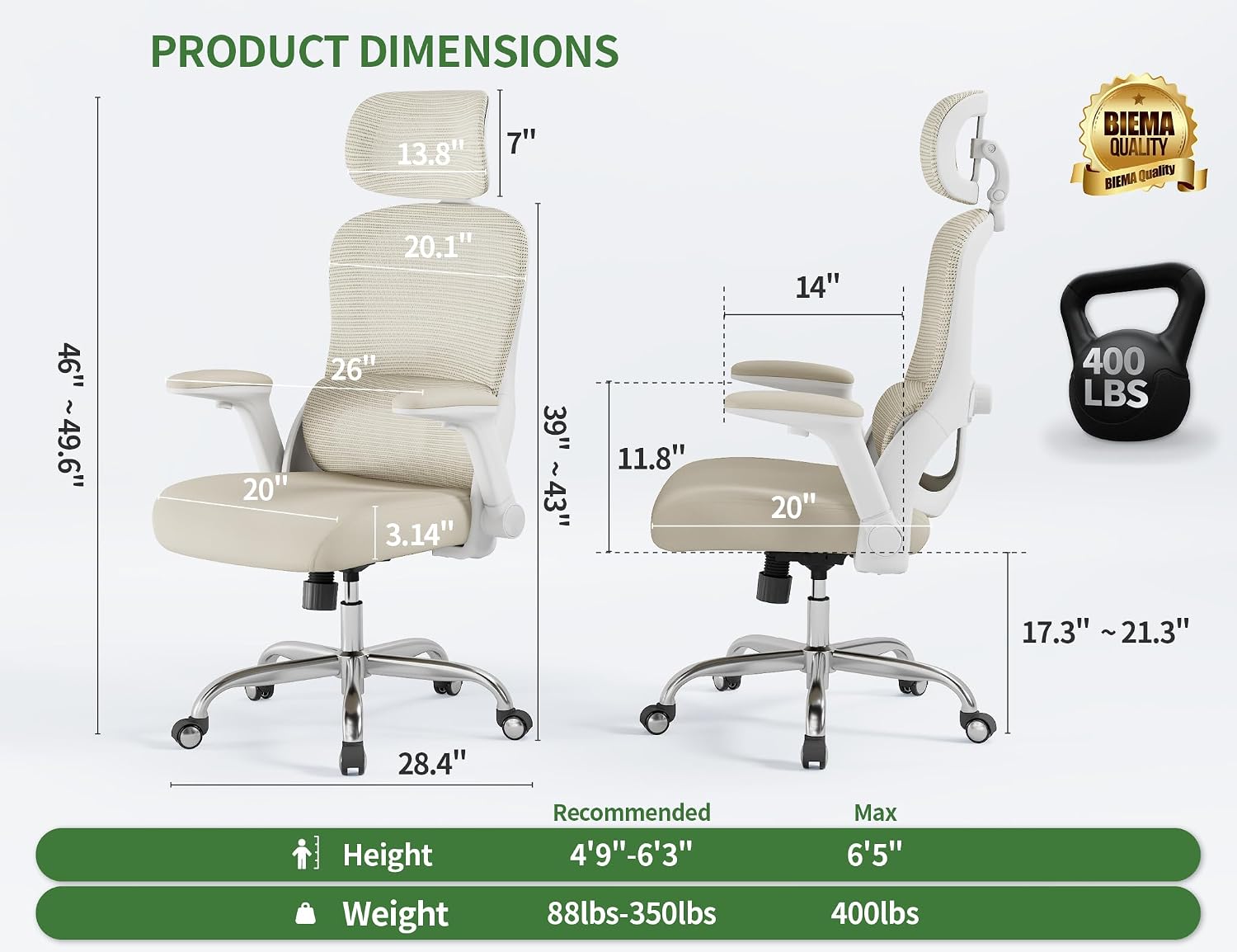 Office Chair - Ergonomic Desk Chair with Adjustable Headrest Lumbar Support Computer Chair - Mesh Comfy Chairs with Flip-up Armrests - Big and Tall Gaming Chairs for Adults Home Office(Beige)