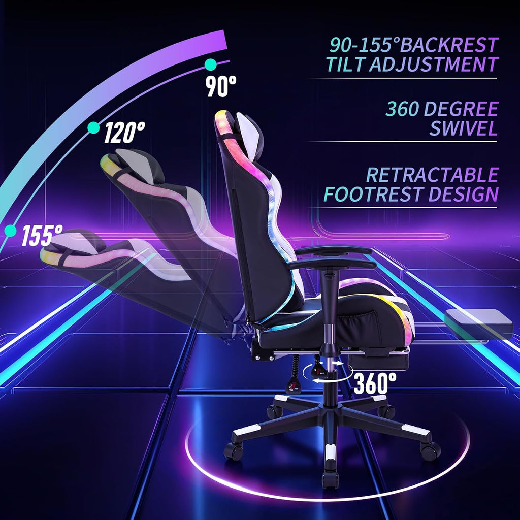 HOFFREE RGB LED Gaming Chair for Kids Reclining Gaming Chairs for Teens 8-15 Computer Chair with RGB Lights Kids PC Game Chair with Footrest and Lumbar Support Video Game Chairs White and Black