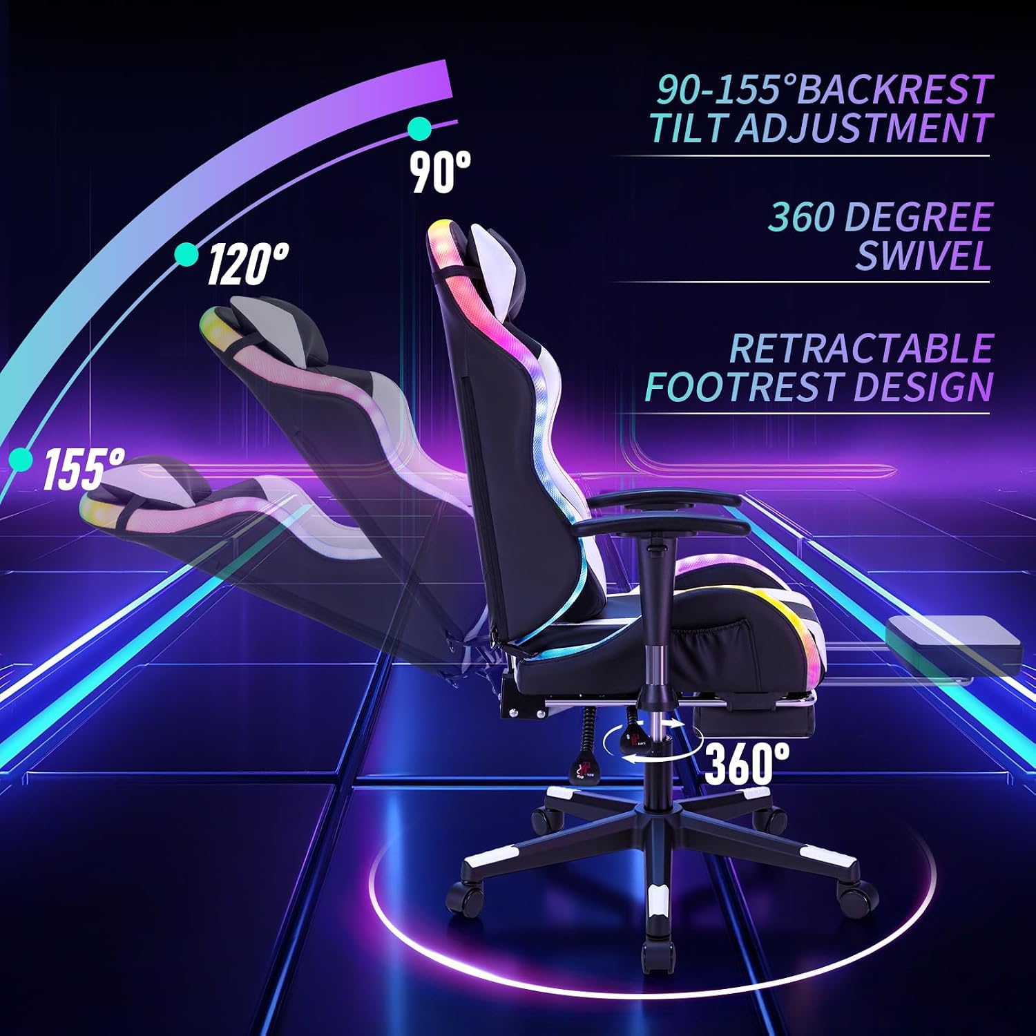 HOFFREE RGB LED Gaming Chair for Kids Reclining Gaming Chairs for Teens 8-15 Computer Chair with RGB Lights Kids PC Game Chair with Footrest and Lumbar Support Video Game Chairs White and Black