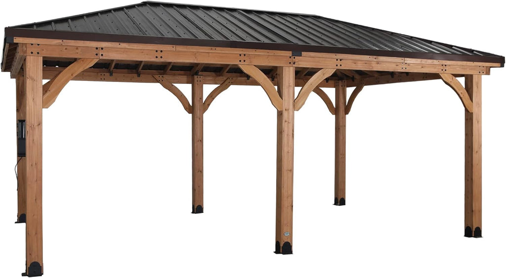 Backyard Discovery Barrington 20' x 12' Cedar Wood Outdoor Gazebo Pavilion with Hardtop Galvanized Steel Hip Roof, Snow Support, Wind Resistance, PowerPort, Shade for Garden, Patio, Deck, Entertaining