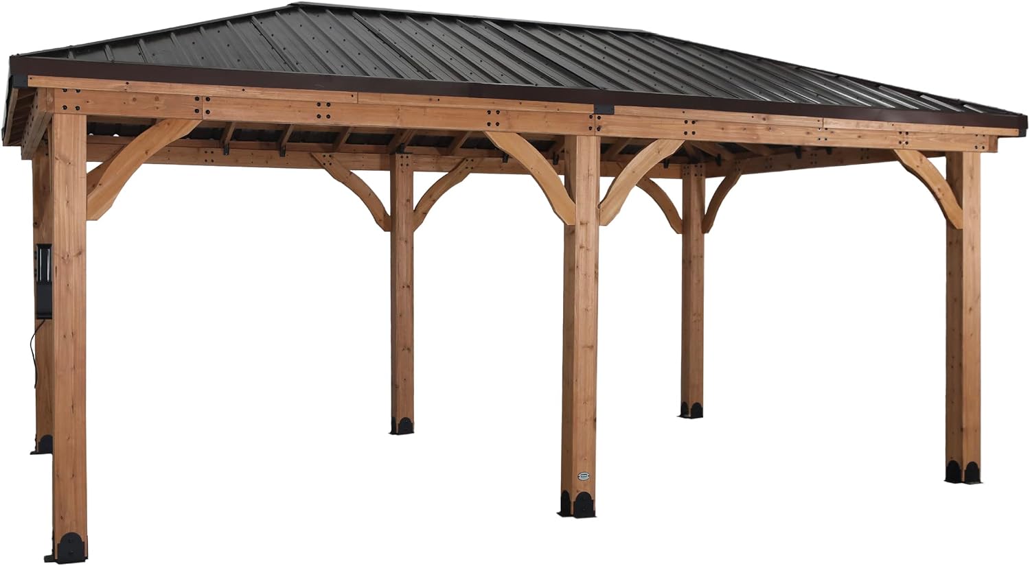 Backyard Discovery Barrington 20' x 12' Cedar Wood Outdoor Gazebo Pavilion with Hardtop Galvanized Steel Hip Roof, Snow Support, Wind Resistance, PowerPort, Shade for Garden, Patio, Deck, Entertaining