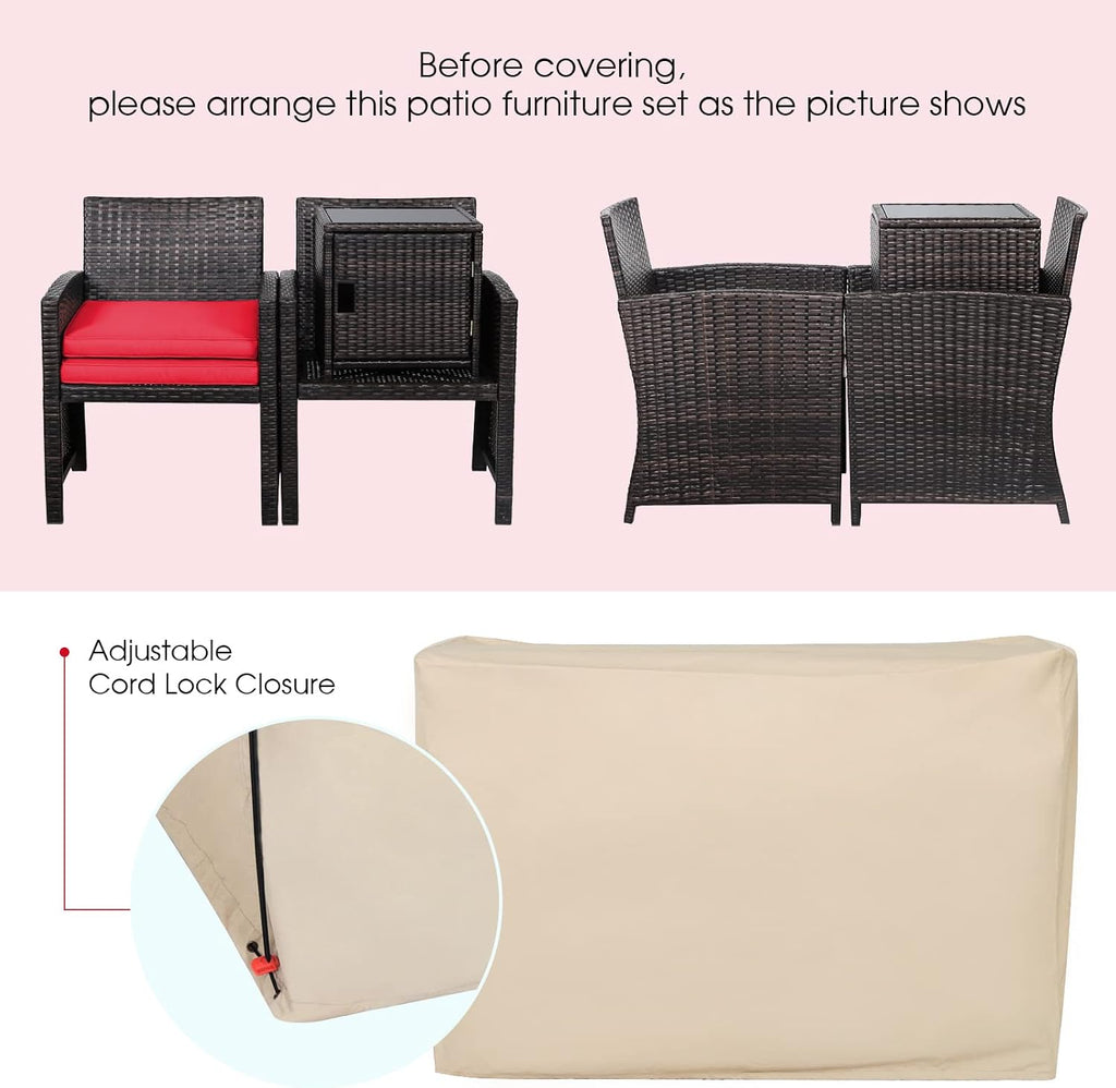 Tangkula 3 Pieces Outdoor Wicker Conversation Set with Waterproof Cover, 2 Patio PE Rattan Cushioned Chairs with Side Storage Table, Suitable for Front Porch, Balcony, Garden, Poolside and Yard (Red)