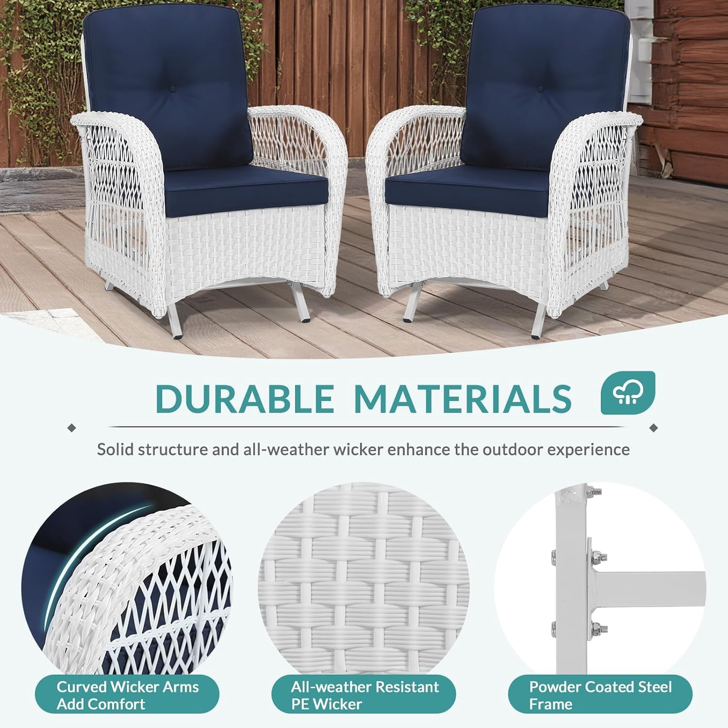 MEETWARM Patio Wicker Rocking Glider Set, All-Weather Outdoor Rattan Patio Rocking Chairs of 2, Patio Conversation Set with Thickened Cushions for Porch Backyard & Garden, White Wicker/Navy