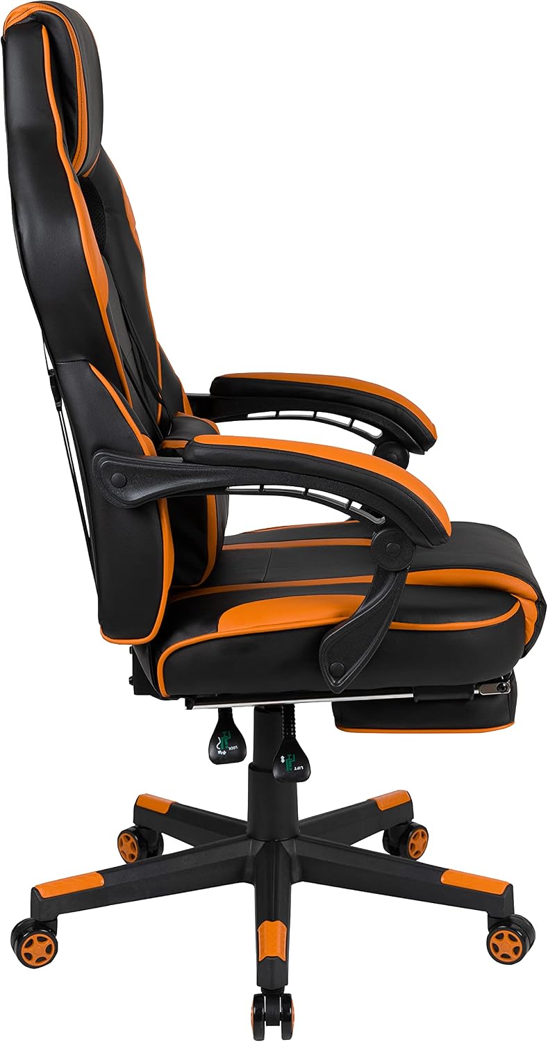 EMMA + OLIVER Black/Orange Ergonomic Gaming Chair -Recline Back/Arms, Footrest, Massaging Lumbar
