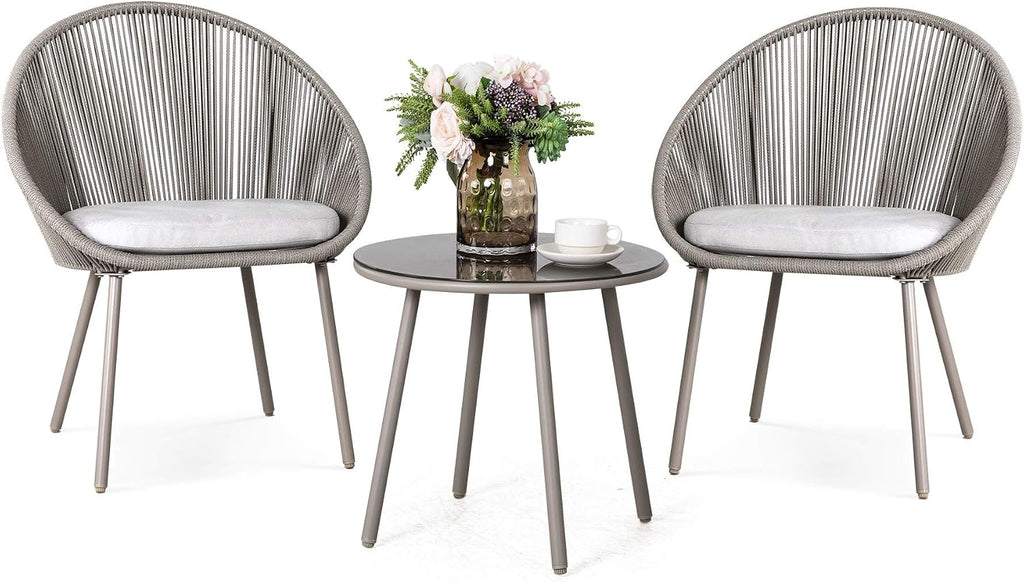 NUU GARDEN 3 Piece Outdoor Bistro Set, Woven Rope Conversation Patio Set, All Weather Patio Furniture Chairs and Table with Cushions for Garden, Deck, Backyard, Balcony, Porch, Beige