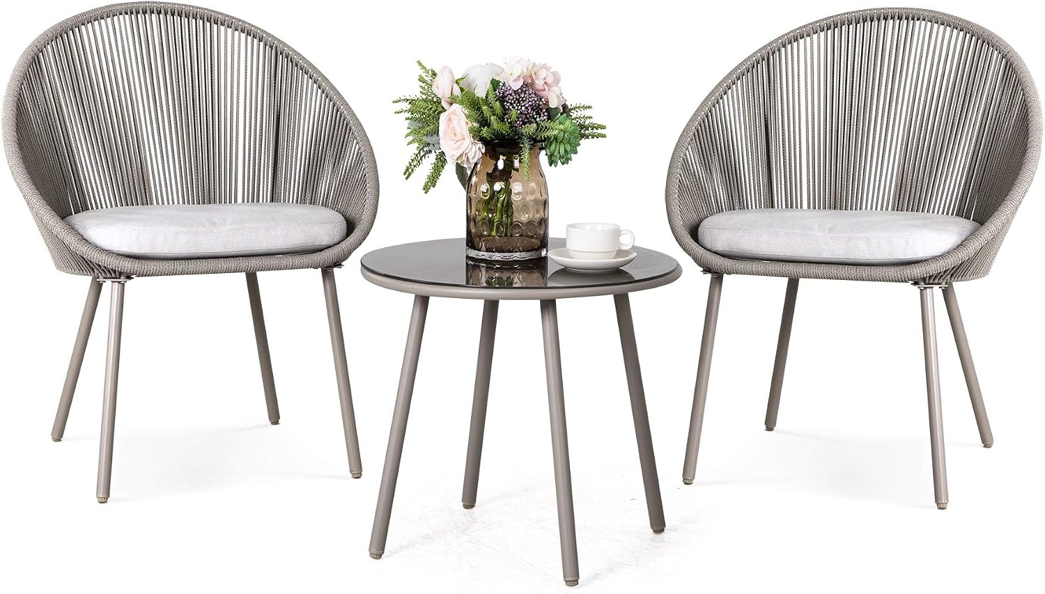 NUU GARDEN 3 Piece Outdoor Bistro Set, Woven Rope Conversation Patio Set, All Weather Patio Furniture Chairs and Table with Cushions for Garden, Deck, Backyard, Balcony, Porch, Beige