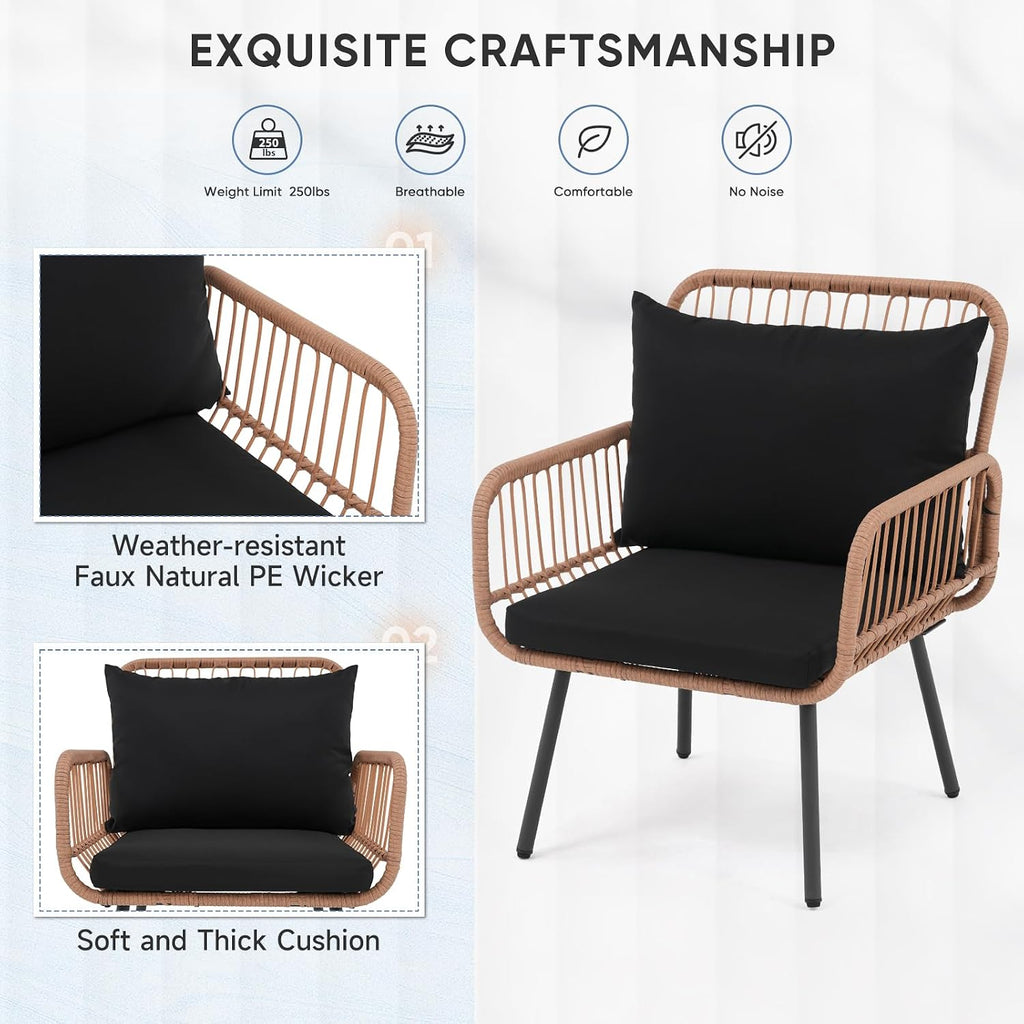 Verano Garden 3 Pieces Patio Bistro Sets, Outdoor Wicker Balcony Furniture Sets,Patio Rattan Furniture Set with Round Glass Table for Porch,Lawn,Garden,Backyard (Black, 3 PCS Set)