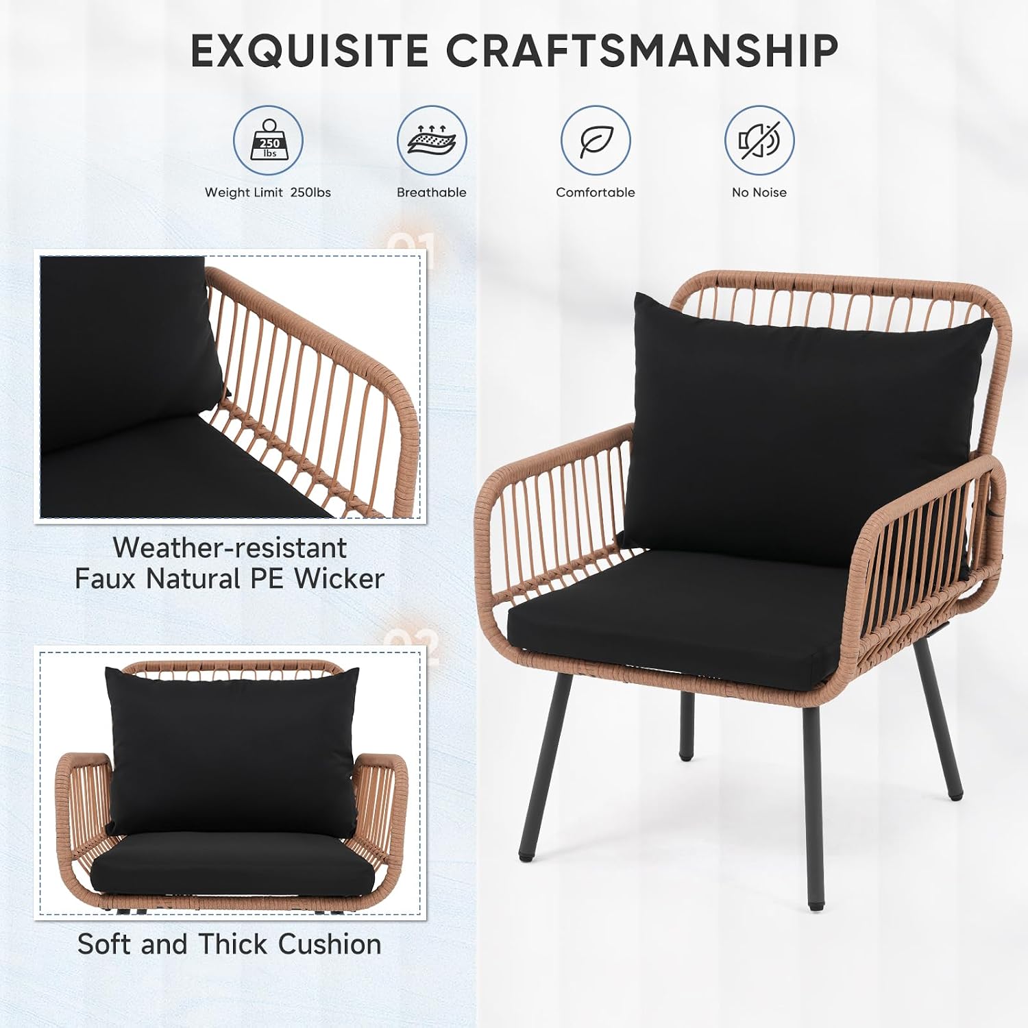Verano Garden 3 Pieces Patio Bistro Sets, Outdoor Wicker Balcony Furniture Sets,Patio Rattan Furniture Set with Round Glass Table for Porch,Lawn,Garden,Backyard (Black, 3 PCS Set)
