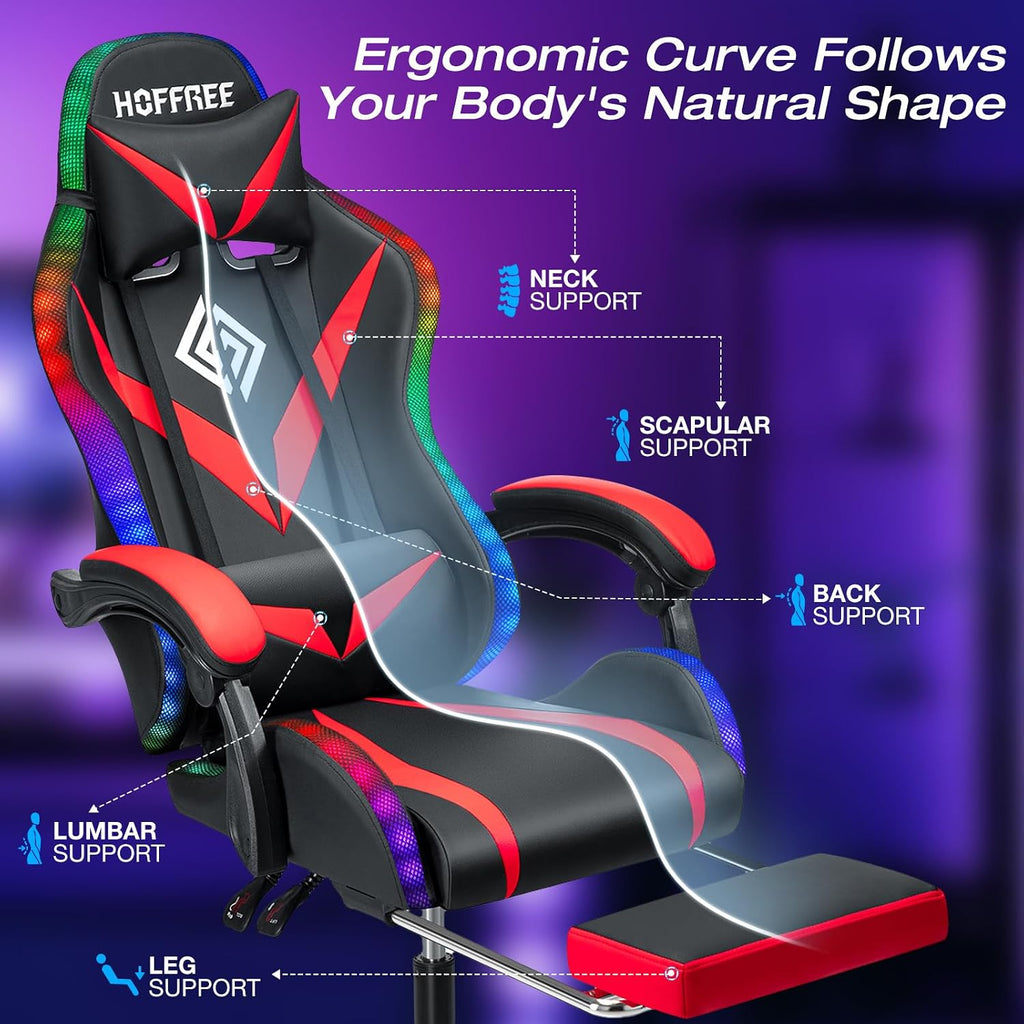 HOFFREE Gaming Chair with LED RGB Lights Massage Ergonomic Video Game Chairs with Footrest High Back Reclining Computer Chair with Adjustable Lumbar Support Red and Black