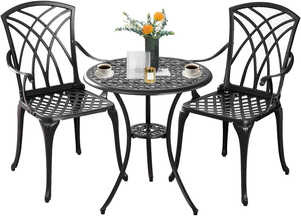 Bistro Set 3 Piece Outdoor,Cast Aluminum Outdoor Bistro Set,All Weather Bistro Table and Chairs Set of 2 with 1.97' Umbrella Hole,Patio Bistro Sets for Garden(Woven Black)