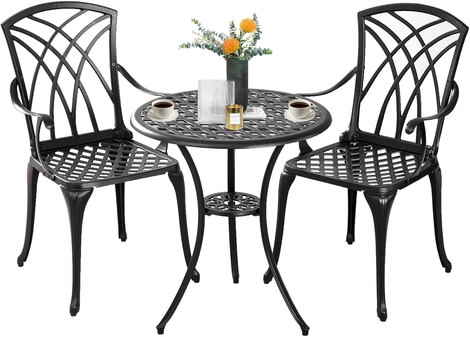 Bistro Set 3 Piece Outdoor,Cast Aluminum Outdoor Bistro Set,All Weather Bistro Table and Chairs Set of 2 with 1.97' Umbrella Hole,Patio Bistro Sets for Garden(Woven Black)