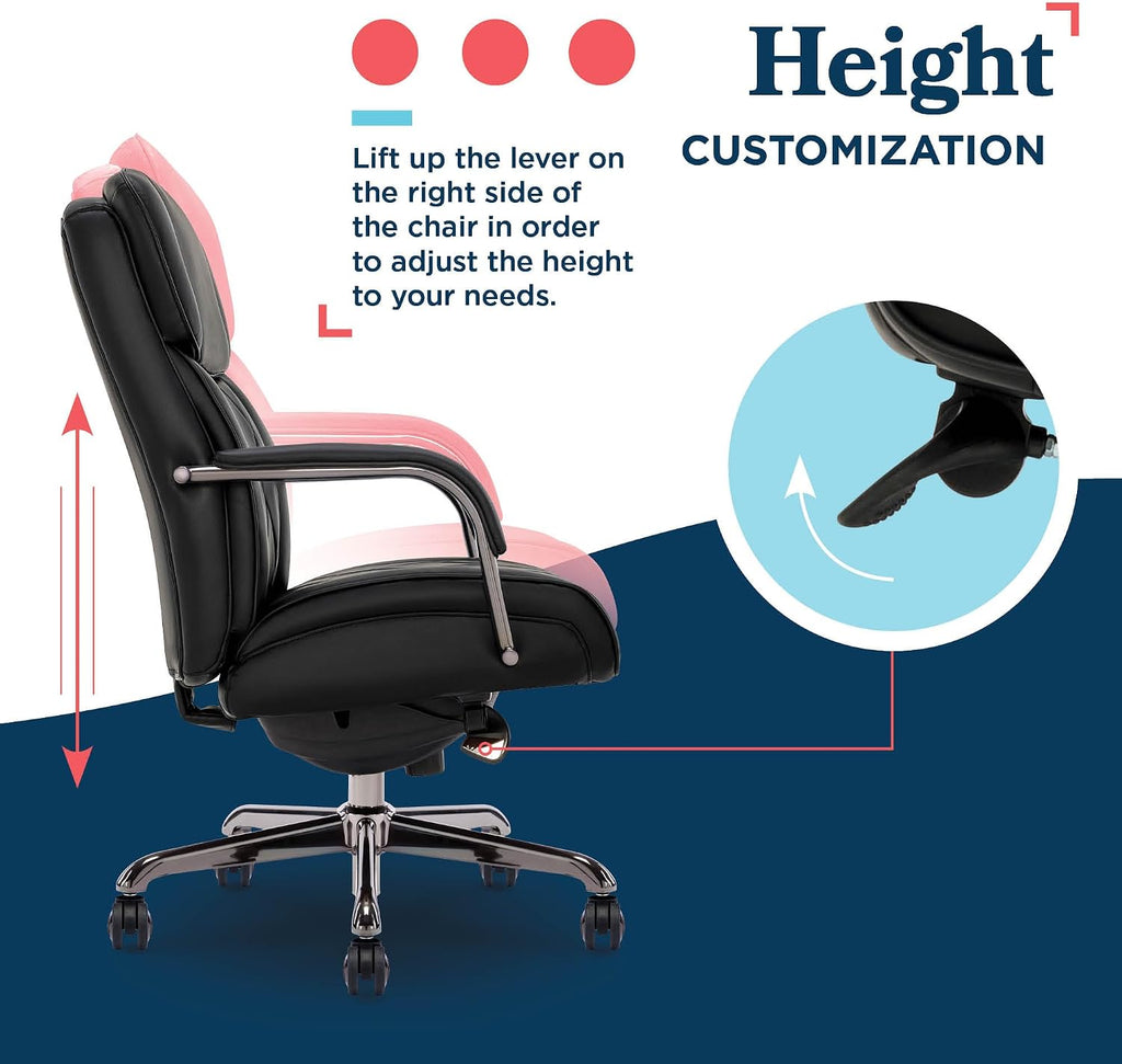 La-Z-Boy Symphony Executive Mid-Back Office Chair, Diamond Quilt Seat and Back, Pocket Coil Cushion, Padded Armrests, Ergonomic Computer DeskChair, Swivel Metal Base, Bonded Leather, Black/Graphite