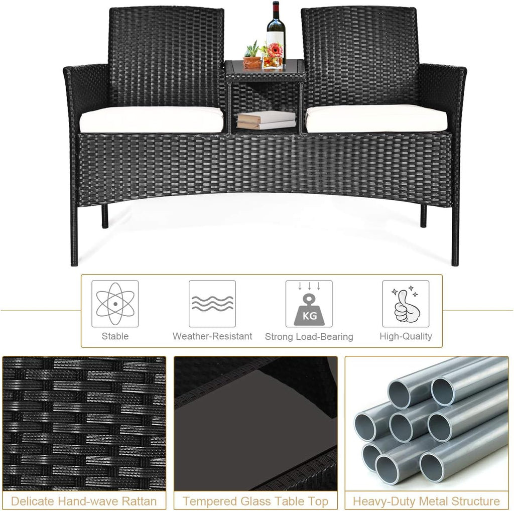 COSTWAY 2-Seat Patio Conversation Sets, Outdoor Patio Loveseat Set with Removable Cushions & Built-in Coffee Table for Backyard, Garden, Lawn, Balcony, Black+Beige