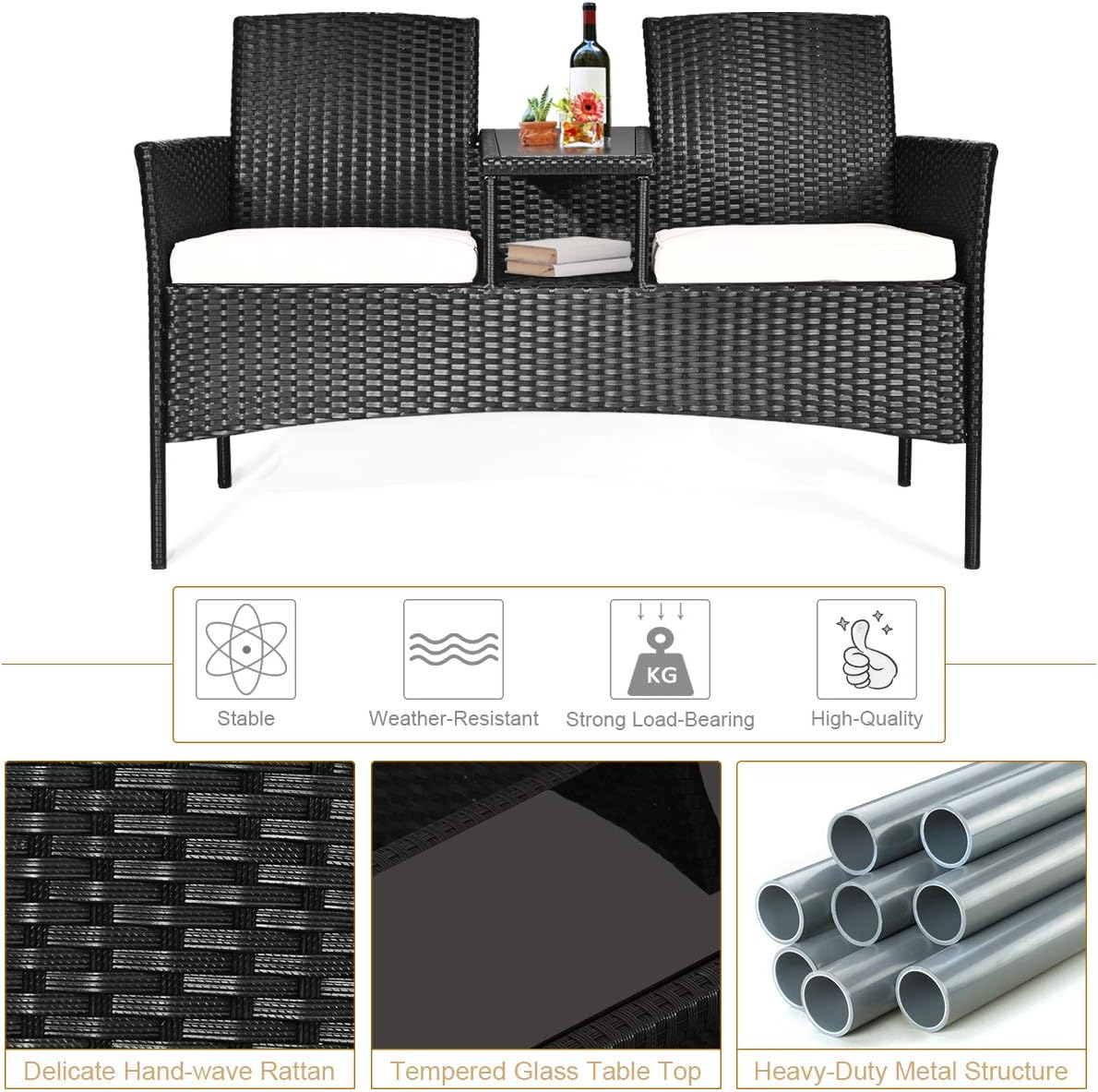 COSTWAY 2-Seat Patio Conversation Sets, Outdoor Patio Loveseat Set with Removable Cushions & Built-in Coffee Table for Backyard, Garden, Lawn, Balcony, Black+Beige