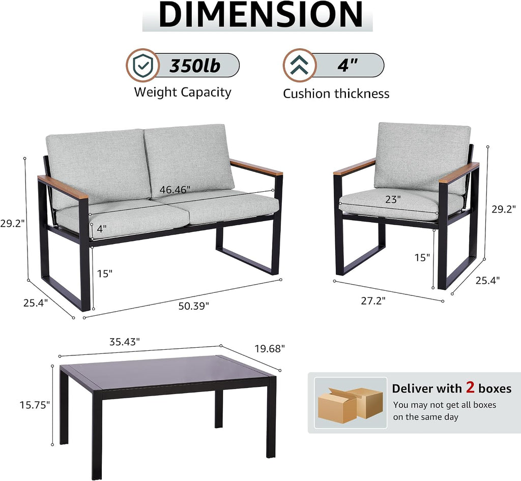 NATURAL EXPRESSIONS 4 Pieces Patio Furniture Sets,Outdoor Metal Sectional Furniture Modern Patio Conversation Set,Fauxwood Anti-Scald Armrest,Sling Mesh,Tempered-Glass Table,4' Olefin Cushions