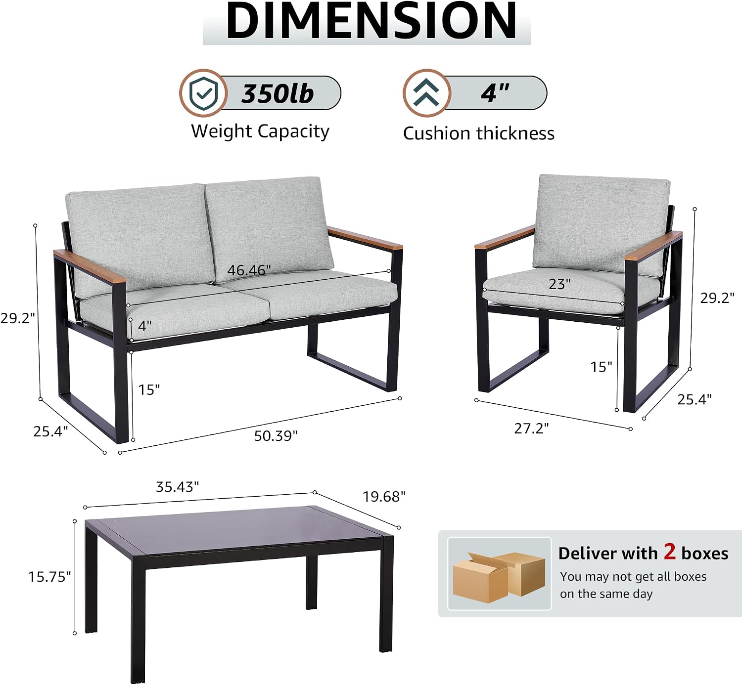 NATURAL EXPRESSIONS 4 Pieces Patio Furniture Sets,Outdoor Metal Sectional Furniture Modern Patio Conversation Set,Fauxwood Anti-Scald Armrest,Sling Mesh,Tempered-Glass Table,4' Olefin Cushions