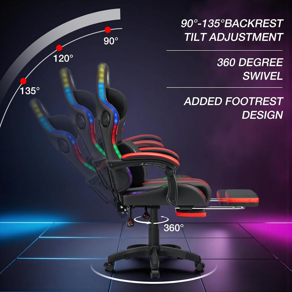 HOFFREE Gaming Chair with Music Rhythm RGB LED Lights and Bluetooth Speakers Ergonomic Massage Computer Gaming Chair with Footrest Video Game Chair High Back with Lumbar Support Red and Black
