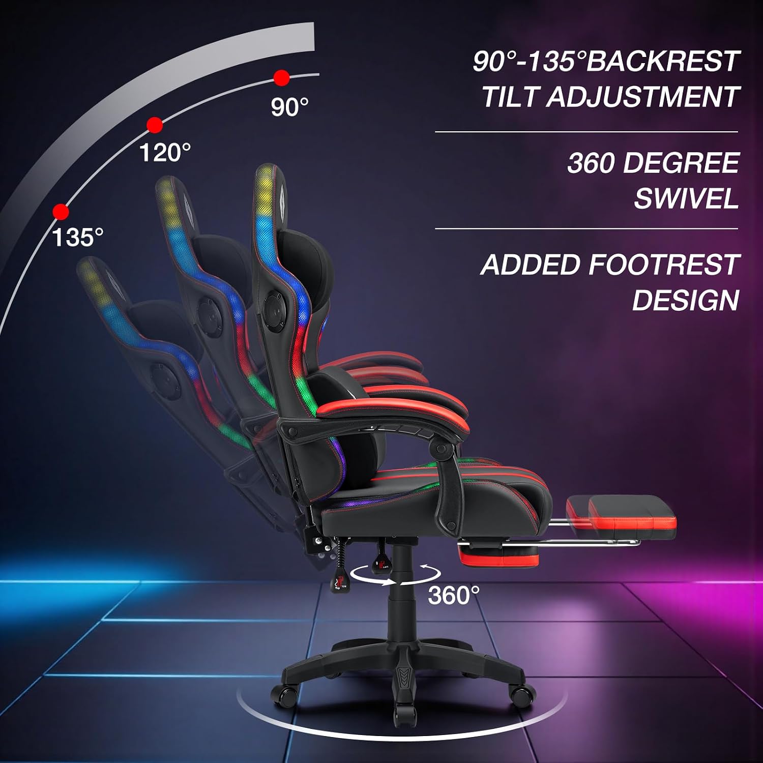 HOFFREE Gaming Chair with Music Rhythm RGB LED Lights and Bluetooth Speakers Ergonomic Massage Computer Gaming Chair with Footrest Video Game Chair High Back with Lumbar Support Red and Black