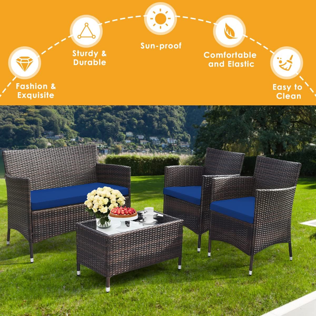 HAPPYGRILL 4 Pieces Patio Sofa Set Rattan Wicker Furniture Patio Conversation Set with Cushioned Sofa and Coffee Table for Outdoor Backyard Garden Poolside