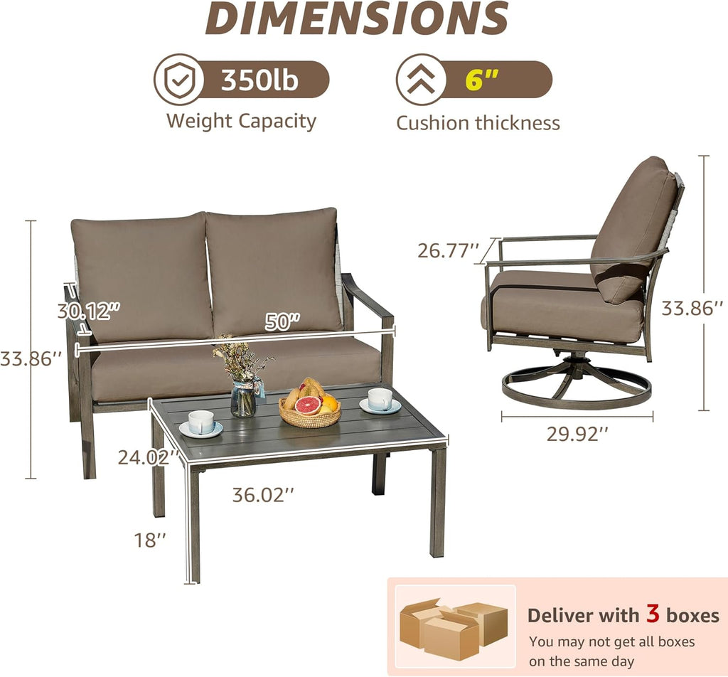 NATURAL EXPRESSIONS Patio Furniture Set,4 Piece Outdoor Conversation Metal Swivel Rocking Chairs Set with Hand-Woven Rope High Back,Sturdy Hand Brushed Wood Grain Finish Frame,6' Cushions for Yard