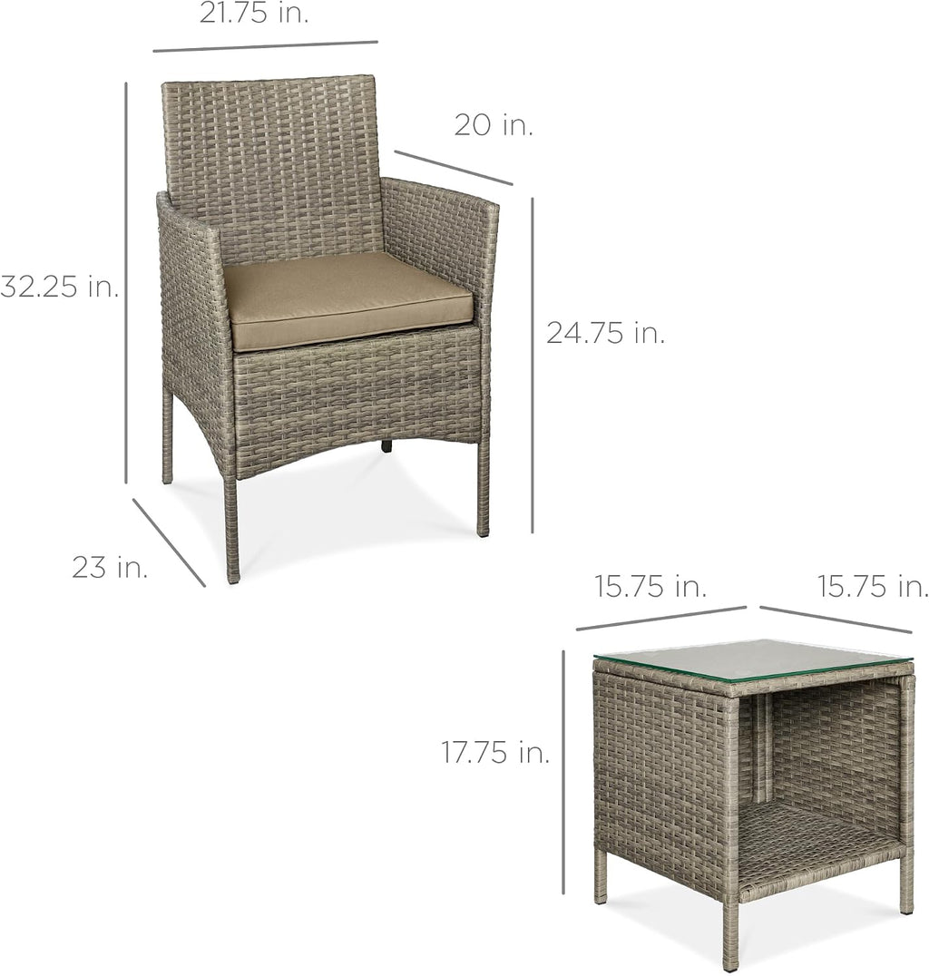 Best Choice Products 3-Piece Outdoor Wicker Conversation Bistro Set, Space Saving Patio Furniture for Garden w/Side Table - Taupe/Desert