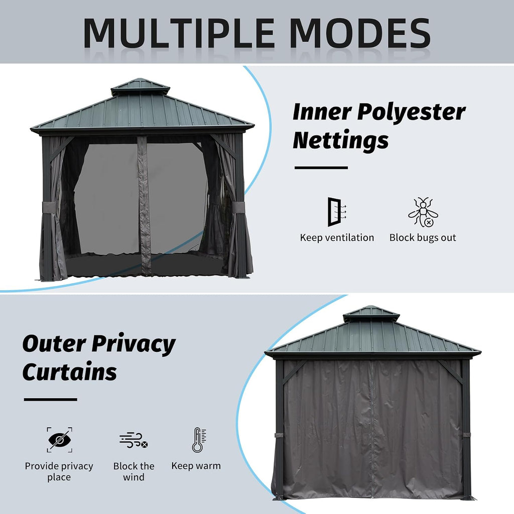 Domi 10x10FT Outdoor Gazebo, Patio Gazebo with Galvanized Steel, Hardtop Gazbo for Patio, Deck, Backyard, Curtain and Netting Included