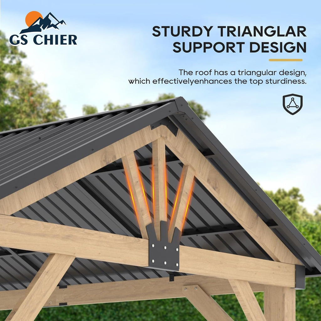 13'x15' Outdoor Patio Wooden Gazebo - Cedar Solid Wood Gazebo with Galvanized Steel Roof, Wooden Frame, Pavilion for Lawns, Beach, Patio, Garden (13X15FT)