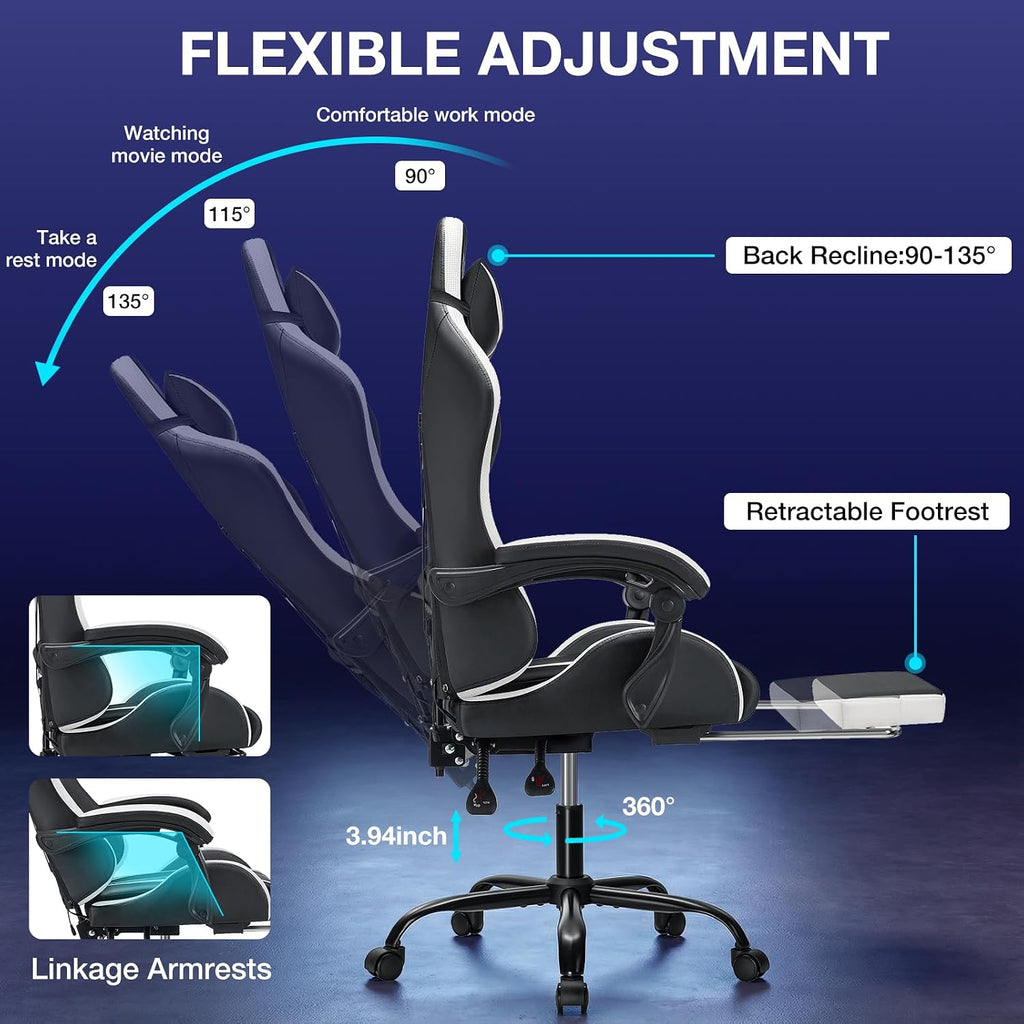 RGB Gaming Chair with LED Lights Massage Ergonomic Computer Gaming Chair High Back Video Game Chair with Footrest and Adjustable Lumbar Support Linkage Armrest Gamer Chairs for Adults White and Black