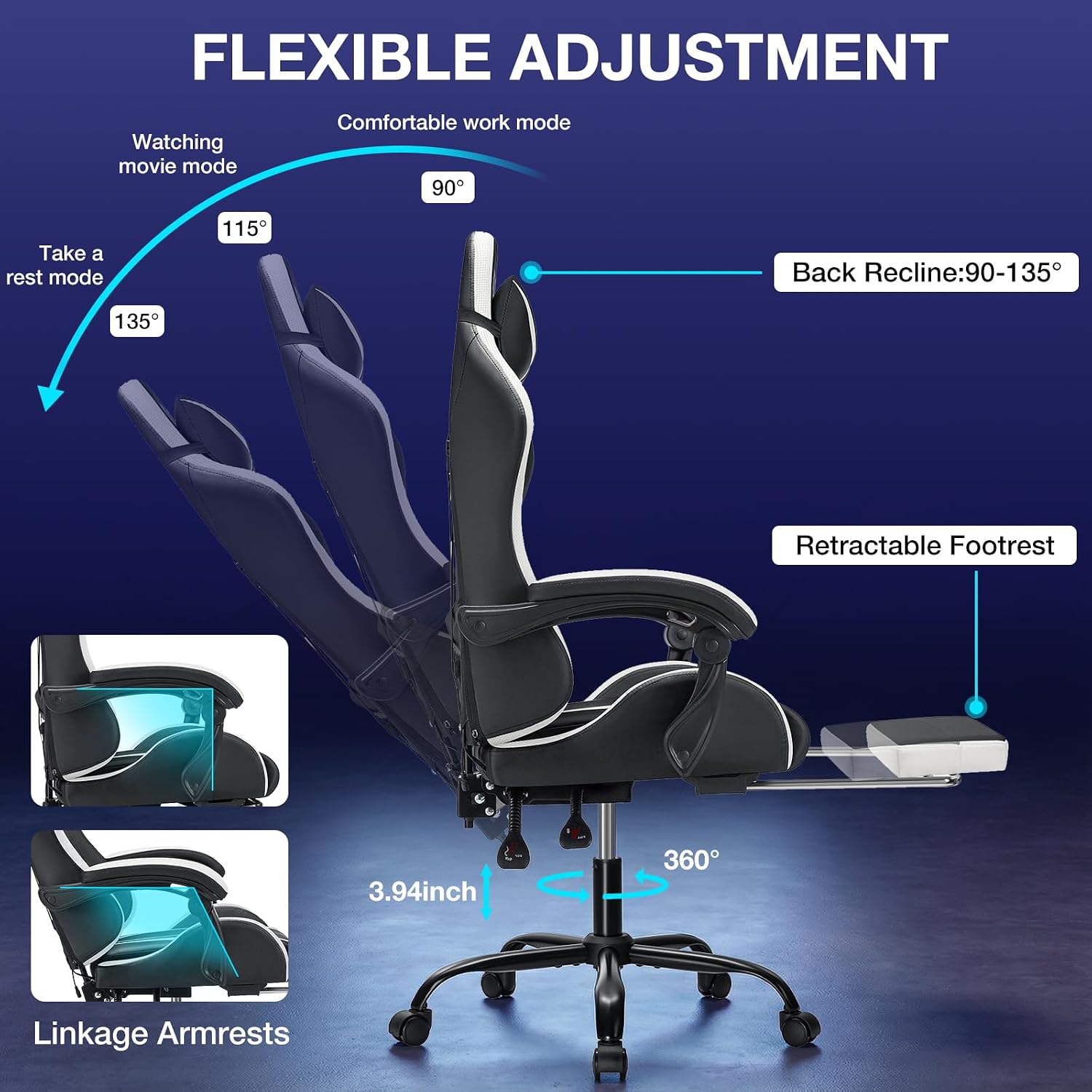 RGB Gaming Chair with LED Lights Massage Ergonomic Computer Gaming Chair High Back Video Game Chair with Footrest and Adjustable Lumbar Support Linkage Armrest Gamer Chairs for Adults White and Black