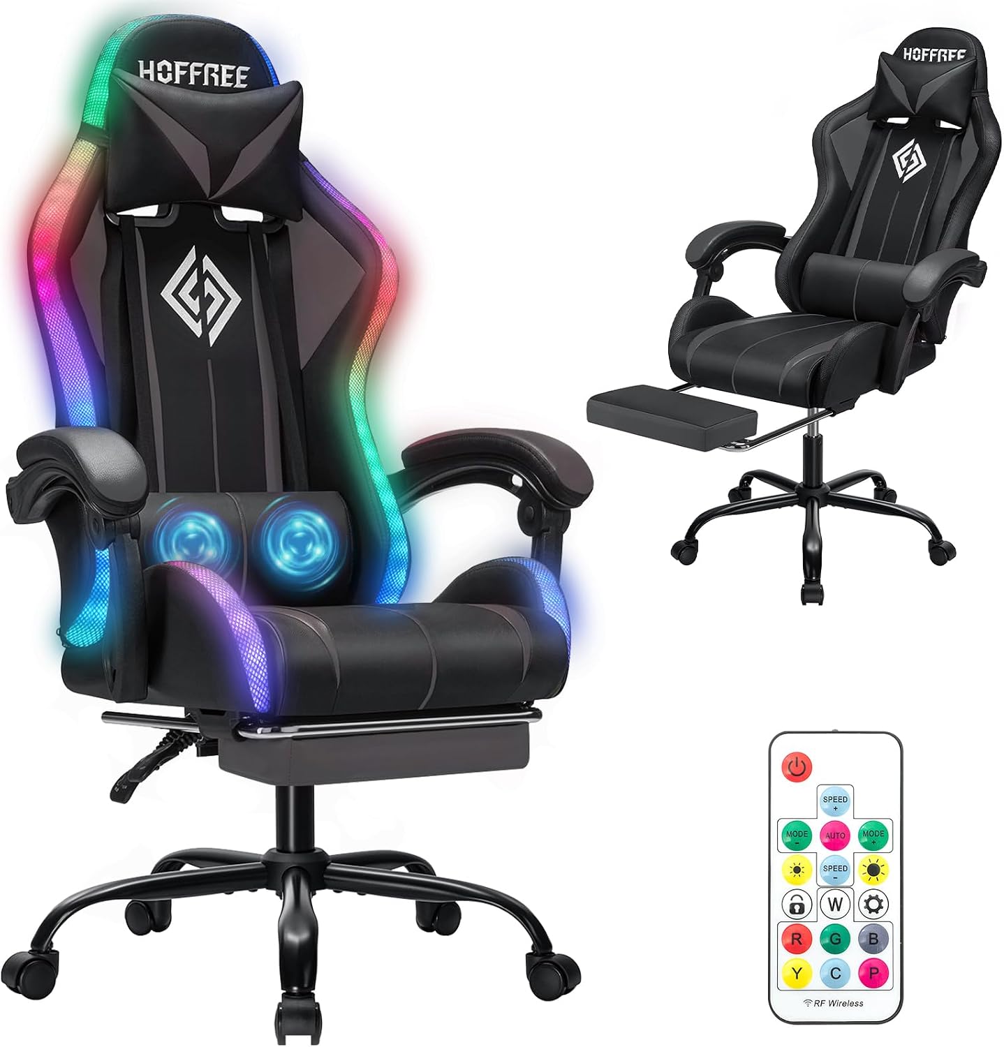 Gaming Chair Massage with LED RGB Lights and Footrest Ergonomic Computer Chair High Back Video Game Chair with Adjustable Lumbar Support Linkage Armrest Grey and Black