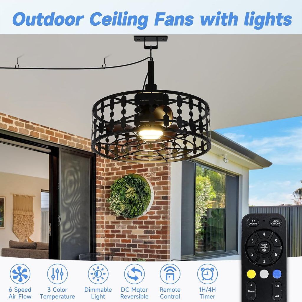 ZHENYANGL 18.9' Outdoor Ceiling Fan with Light and Remote LED Black Industrial Caged Ceiling Fan Light Fixture with Hook IP 54 Waterproof Plug in Fan Lights for Patios, Porch, Pergola, Canopy, Gazebo