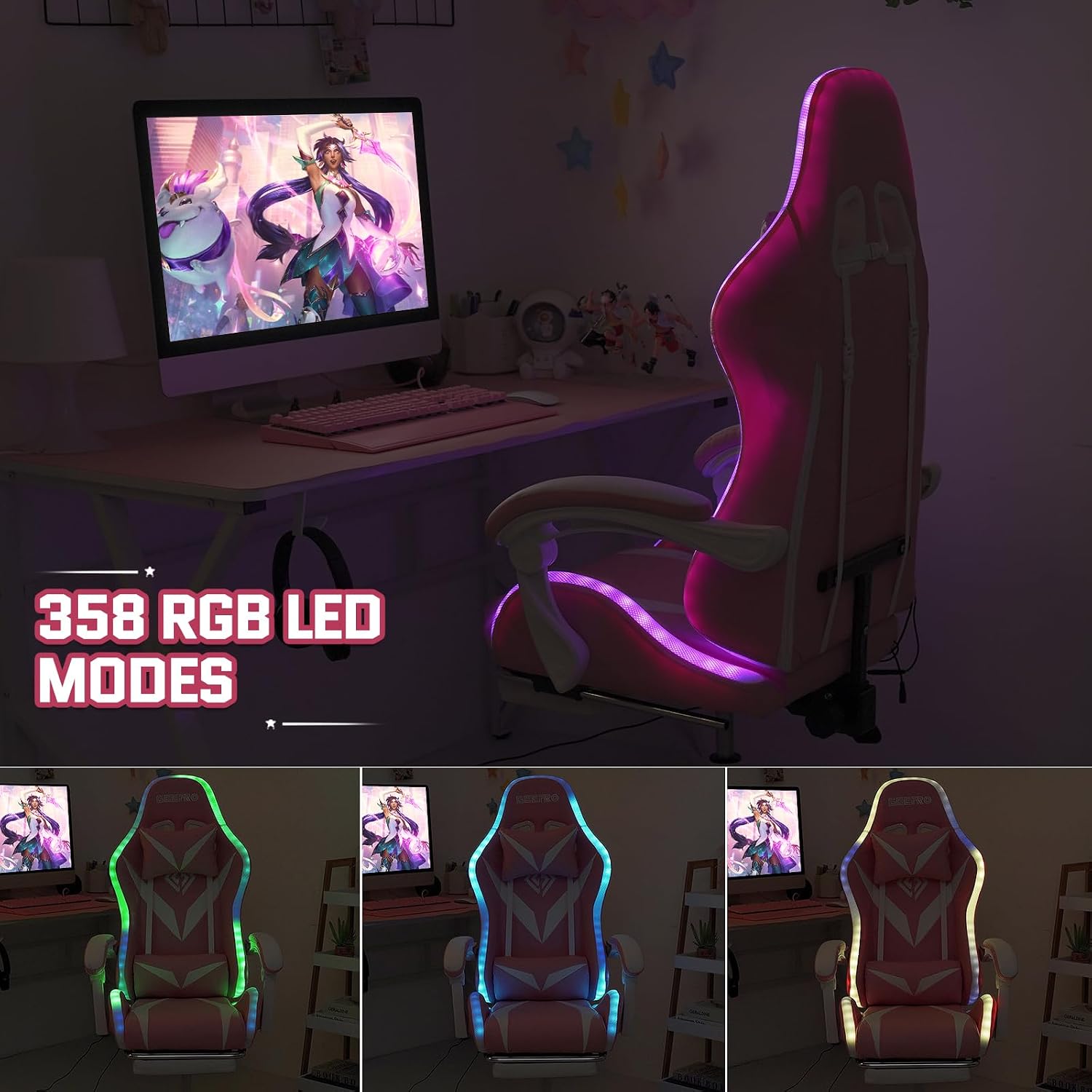 RGB Gaming Chair with LED Lights Massage Ergonomic Video Game Chairs with Footrest High Back Reclining Computer Chair with Lumbar Support Adjustable Footrest Pink and White