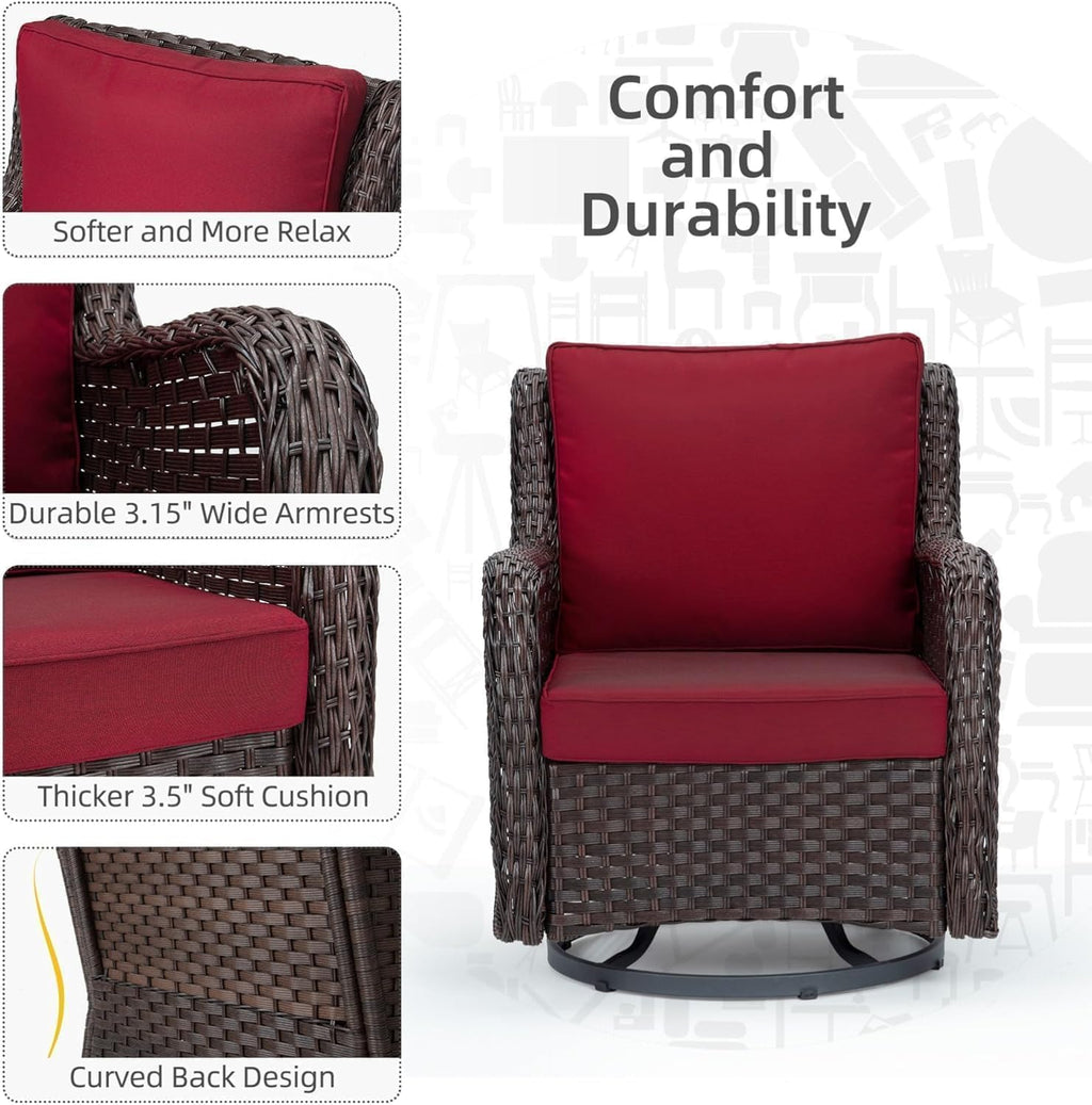 GarveeHome 3-Piece Outdoor Wicker Rattan Swivel Rocking Chair Set with Armored Glass Side Table & Premium Cushions - 360° Swivel Patio Furniture for Backyard, Porch, Deck, Balcony, Garden, Red