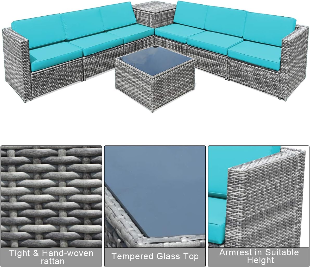 Tangkula 8 Pieces Wicker Patio Furniture Set with Storage Deck Box, PE Rattan Outdoor Sectional Conversation Set with Coffee Table & Cushions, Outside Furniture for Garden Yard Poolside (Turquoise)