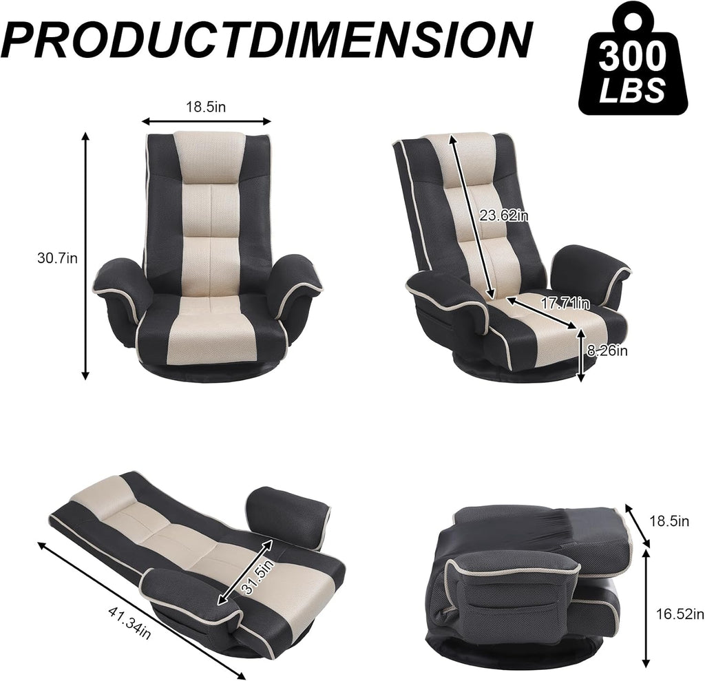 Swivel Floor Chairs for Adults, Floor Gaming Chair with Extra Wide Arms, Back Support 14 Angles Adjustable Comfortable Double Mesh Fabric Lazy Sofa for Video Game Chairs 201 (Grey + Beige)