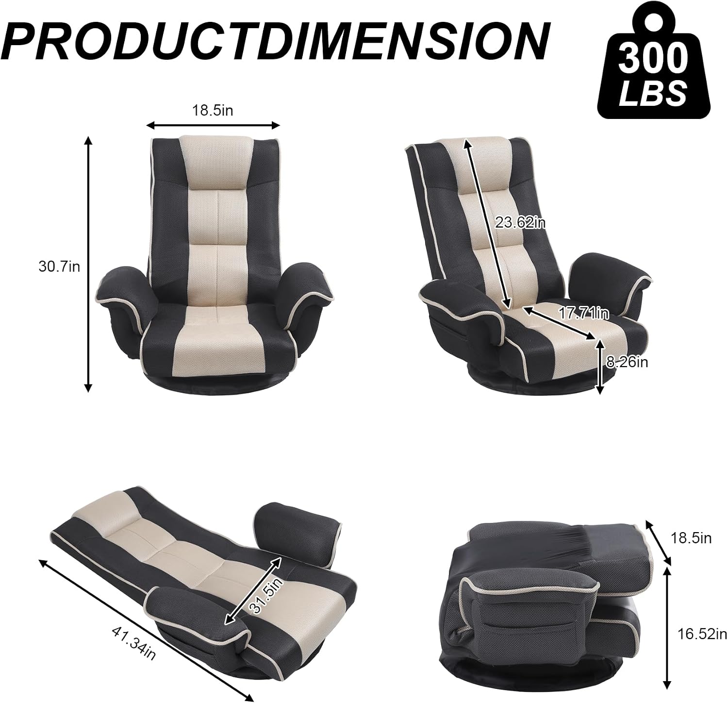 Swivel Floor Chairs for Adults, Floor Gaming Chair with Extra Wide Arms, Back Support 14 Angles Adjustable Comfortable Double Mesh Fabric Lazy Sofa for Video Game Chairs 201 (Grey + Beige)
