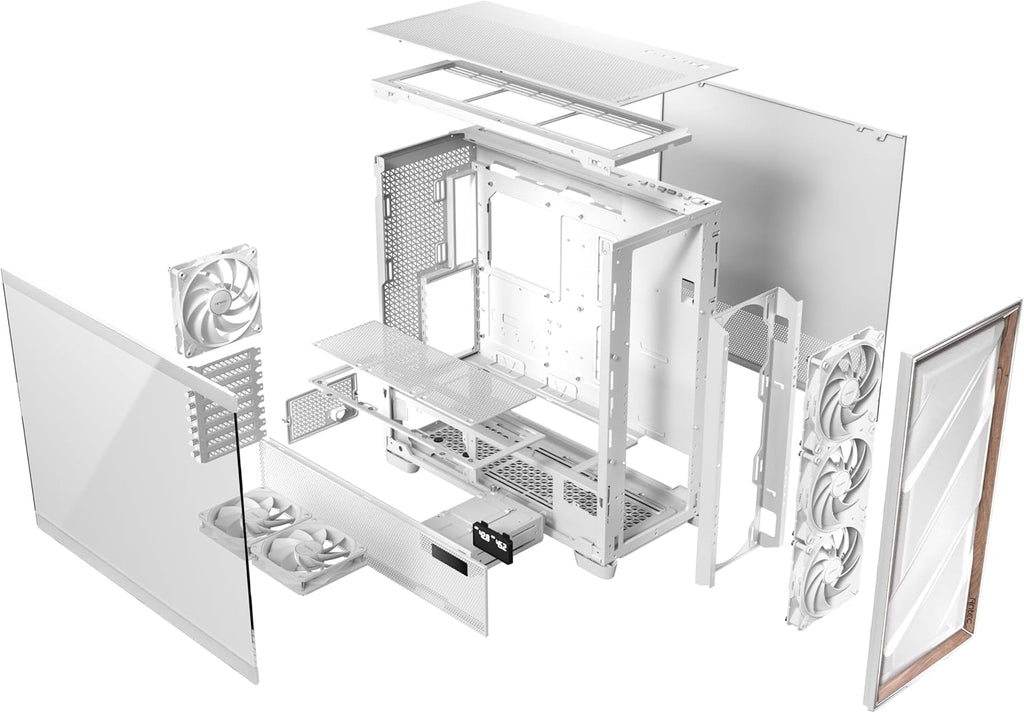 Antec Flux Pro White, 6 x PWM Fans Included, High-Airflow Front Panel with Birch Wood, iShift PSU 90° Mount, USB3.0 x 2, Type-C, 420mm Radiator Support, Temp. Display, Full-Tower E-ATX PC Case