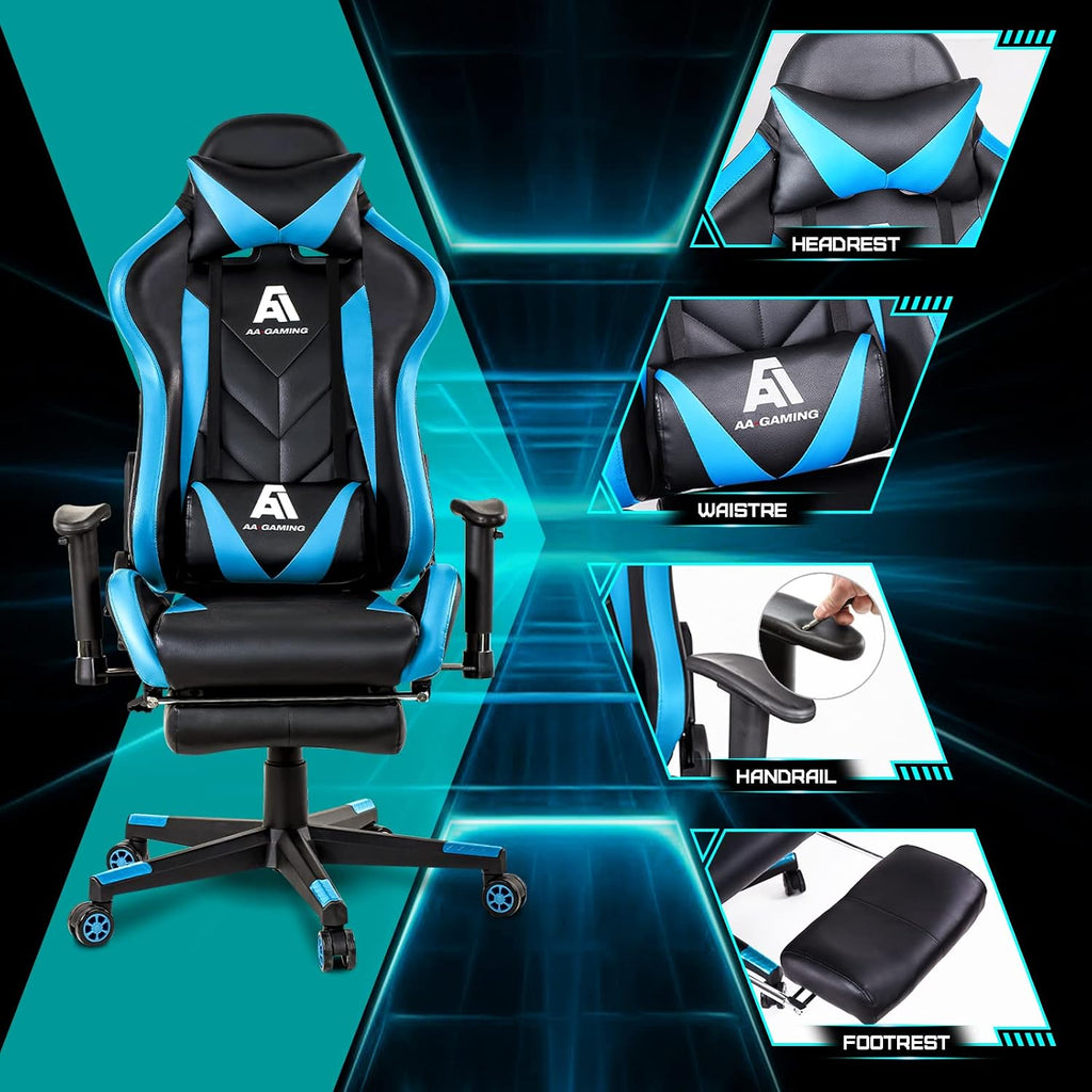 AA Products Gaming Chair High Back Ergonomic Computer Racing Chair Adjustable Office Chair with Footrest, Lumbar Support Swivel Chair - Blue