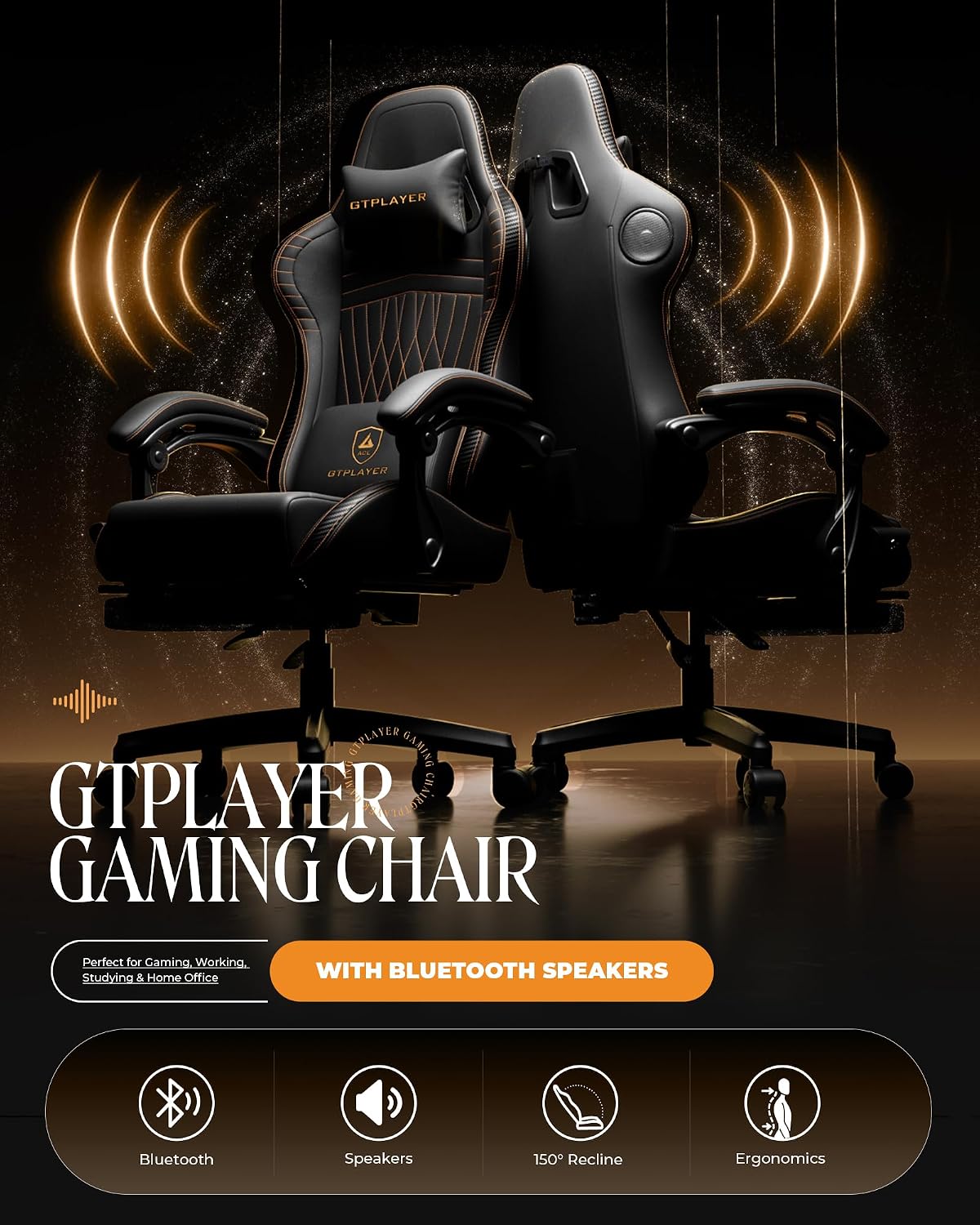 GTPLAYER Gaming Chair with Speakers, Video Game Chairs with Footrest, PC Gamer Chairs for Adults - Padded High Back Ergonomic Reclining Silla Gamer, Linkage Armrest, Ace Pro, Black & Orange Stitch