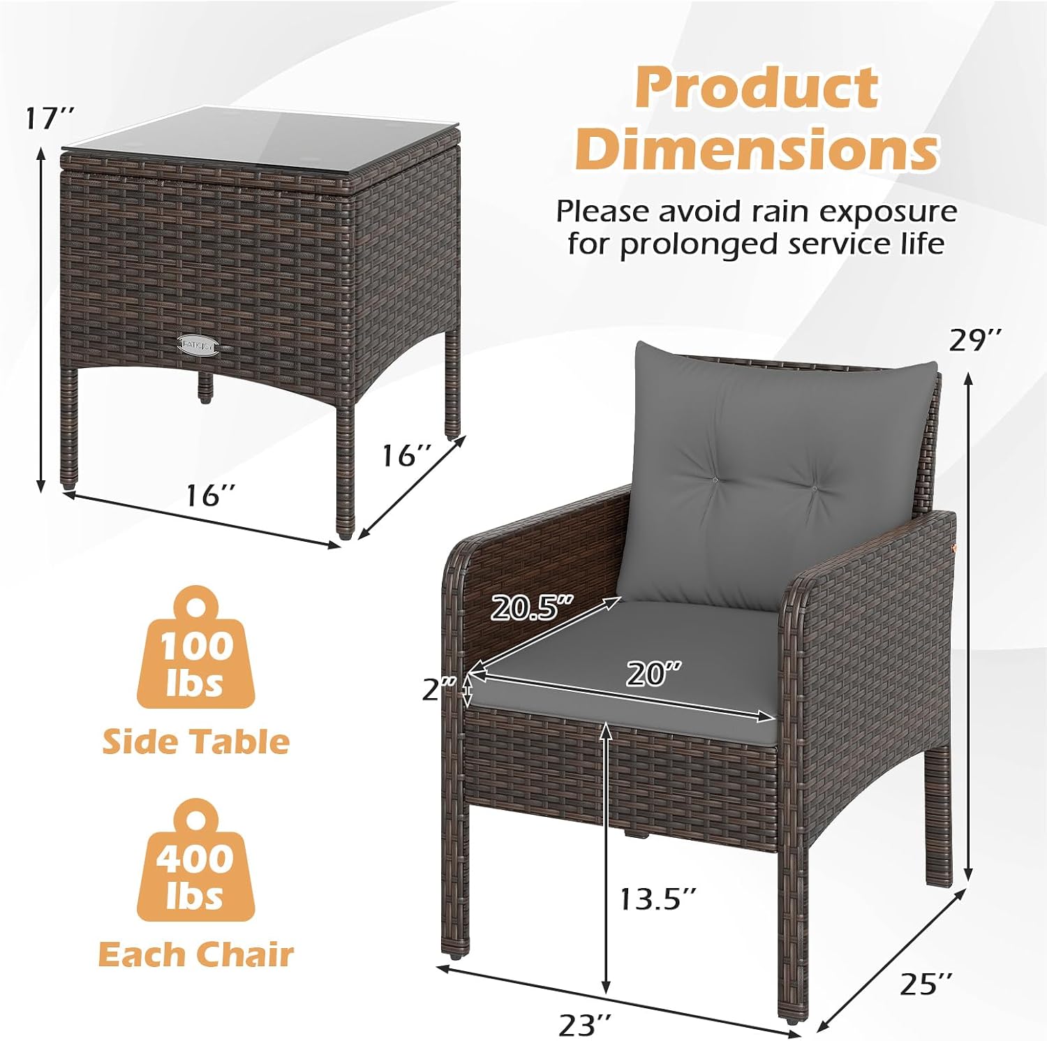 Tangkula 3 Pieces Patio PE Wicker Furniture Set, Outdoor Bistro Conversation Set with Cushions and Tempered Glass Coffee Table, Outside Rattan Table and Chairs for Porch (Gray)