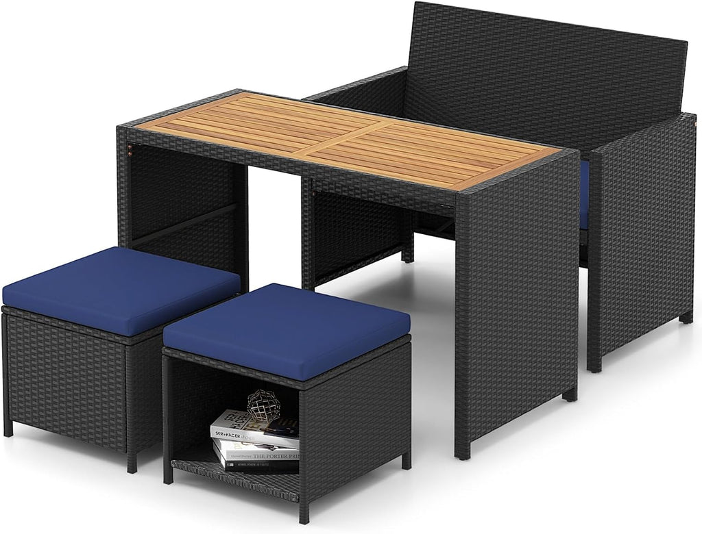 HAPPYGRILL 4 Pieces Outdoor Rattan Wicker Dining Set, Loveseat Chair & 2 Ottomans w/Wood Topped Dining Table, Space-Saving Patio Furniture Set w/Cushioned Seating for Backyard, Poolside, Garden
