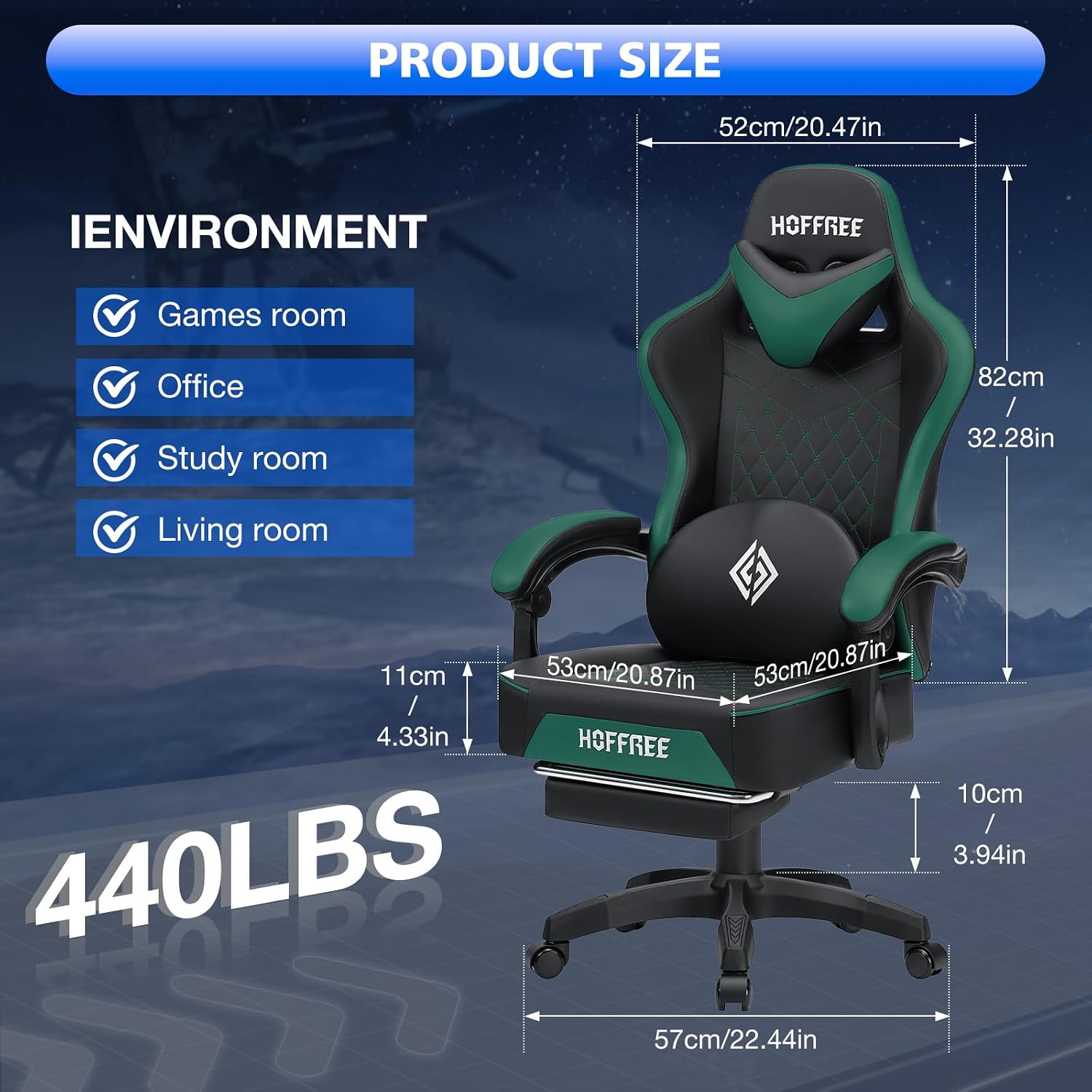 HOFFREE Gaming Chair Computer Chair with Speakers Massage Game Chairs with Footrest Bluetooth High Back Ergonomic Computer Gaming Chairs for Adults Reclining Video Gamer Chair Green and Black