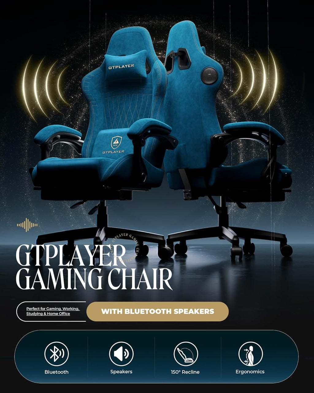 GTPLAYER Gaming Chair with Speakers, Video Game Chairs with Footrest, PC Gamer Chairs for Adults - Padded High Back Ergonomic Reclining Silla Gamer, Linkage Armrest, Ace Pro, Blue (Velvet)