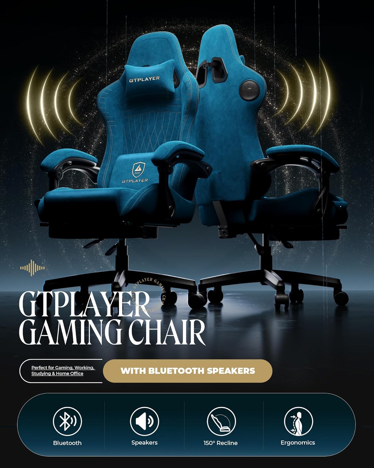 GTPLAYER Gaming Chair with Speakers, Video Game Chairs with Footrest, PC Gamer Chairs for Adults - Padded High Back Ergonomic Reclining Silla Gamer, Linkage Armrest, Ace Pro, Blue (Velvet)
