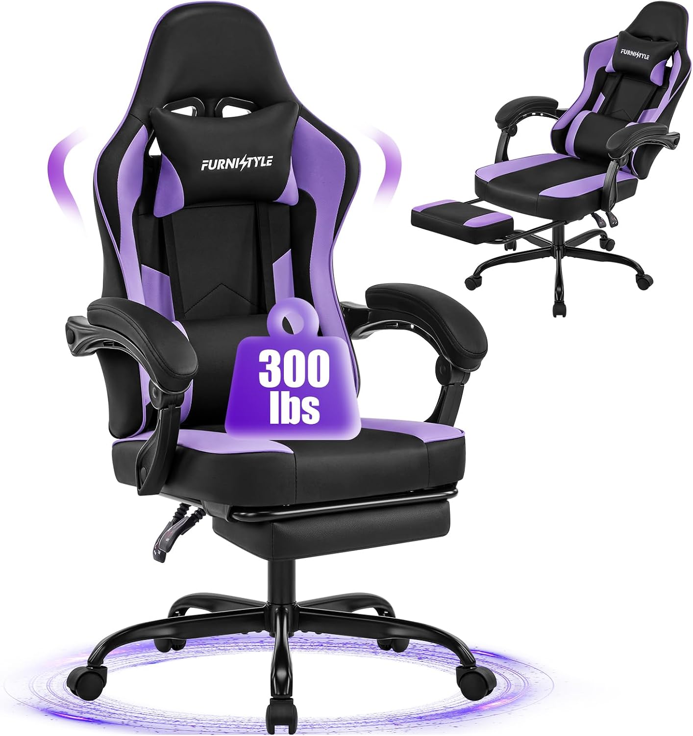 Gaming Chair, Purple Gaming Chairs for Adults Teens, High-Back Ergonomic Computer Chair with Extended Footrest, Removable Headrest & Lumbar Support, Wide PU Leather Reclining Desk Chair