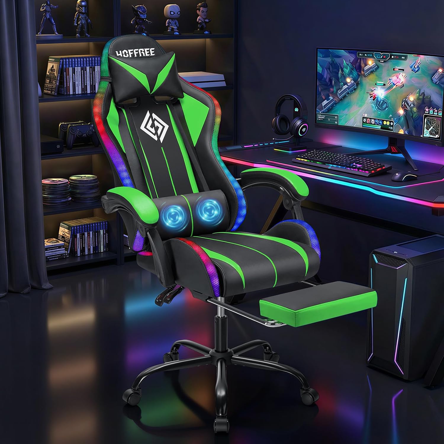 HOFFREE Gaming Chair with LED RGB Lights with Massage and Footrest Ergonomic Computer Chair High Back Video Game Chair with Adjustable Lumbar Support Linkage Armrest Green and Black
