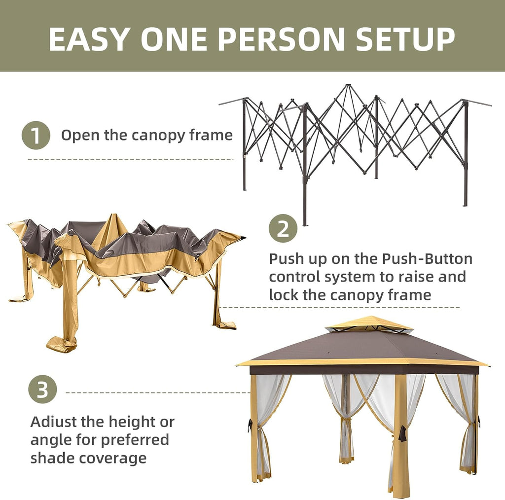 11x11 FT Outdoor Gazebo, Heavy Duty Pavilion With Sturdy Metal Frame & Double Roofs, Patio Shelter With Mosquito Netting, Ideal for Backyard, Garden, Lawn, Deck, Khaki/Brown