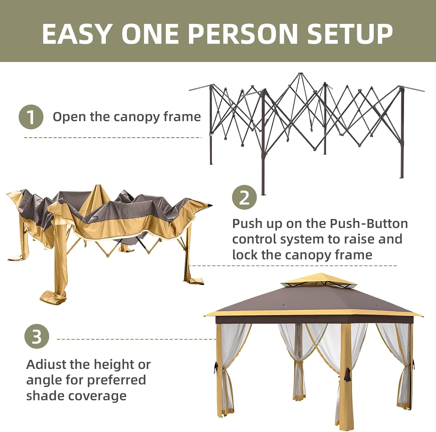 11x11 FT Outdoor Gazebo, Heavy Duty Pavilion With Sturdy Metal Frame & Double Roofs, Patio Shelter With Mosquito Netting, Ideal for Backyard, Garden, Lawn, Deck, Khaki/Brown