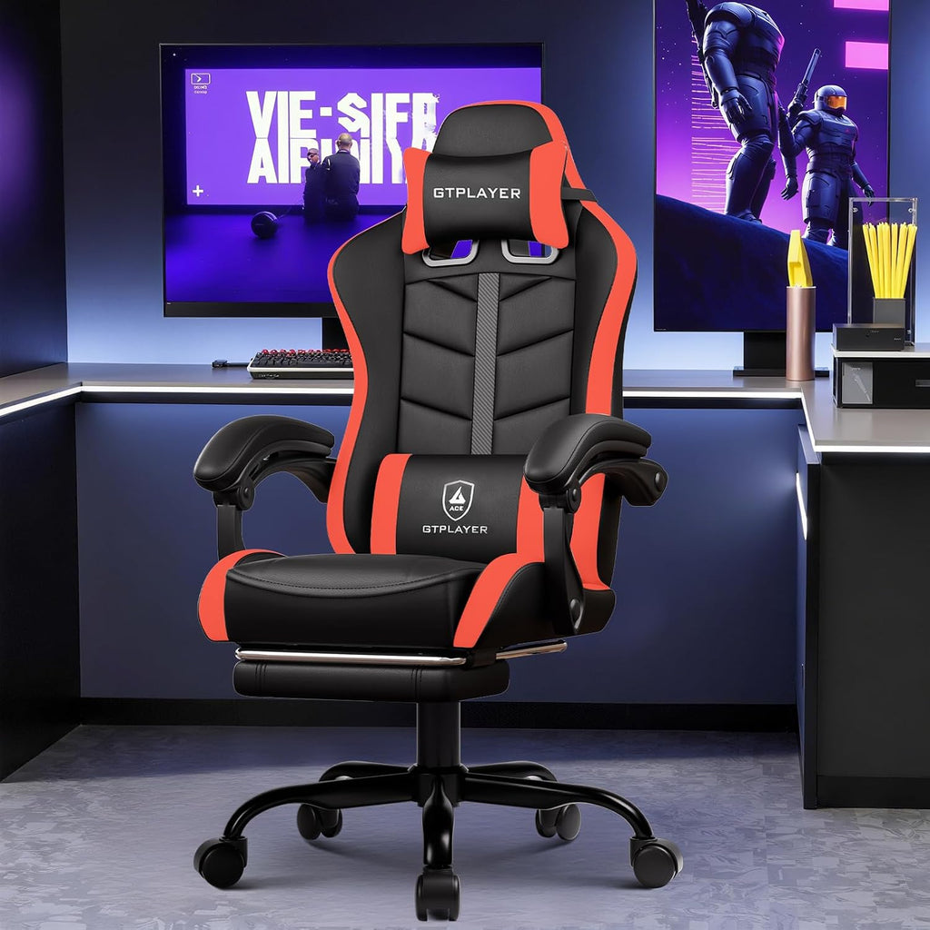 GTPLAYER Gaming Chair, Ergonomic Game Computer Chairs with Foot Rest for Adults, Adjustable PC Game Chair with Reclining Function and Comfortable Headrest for Home and Office Use (RED)