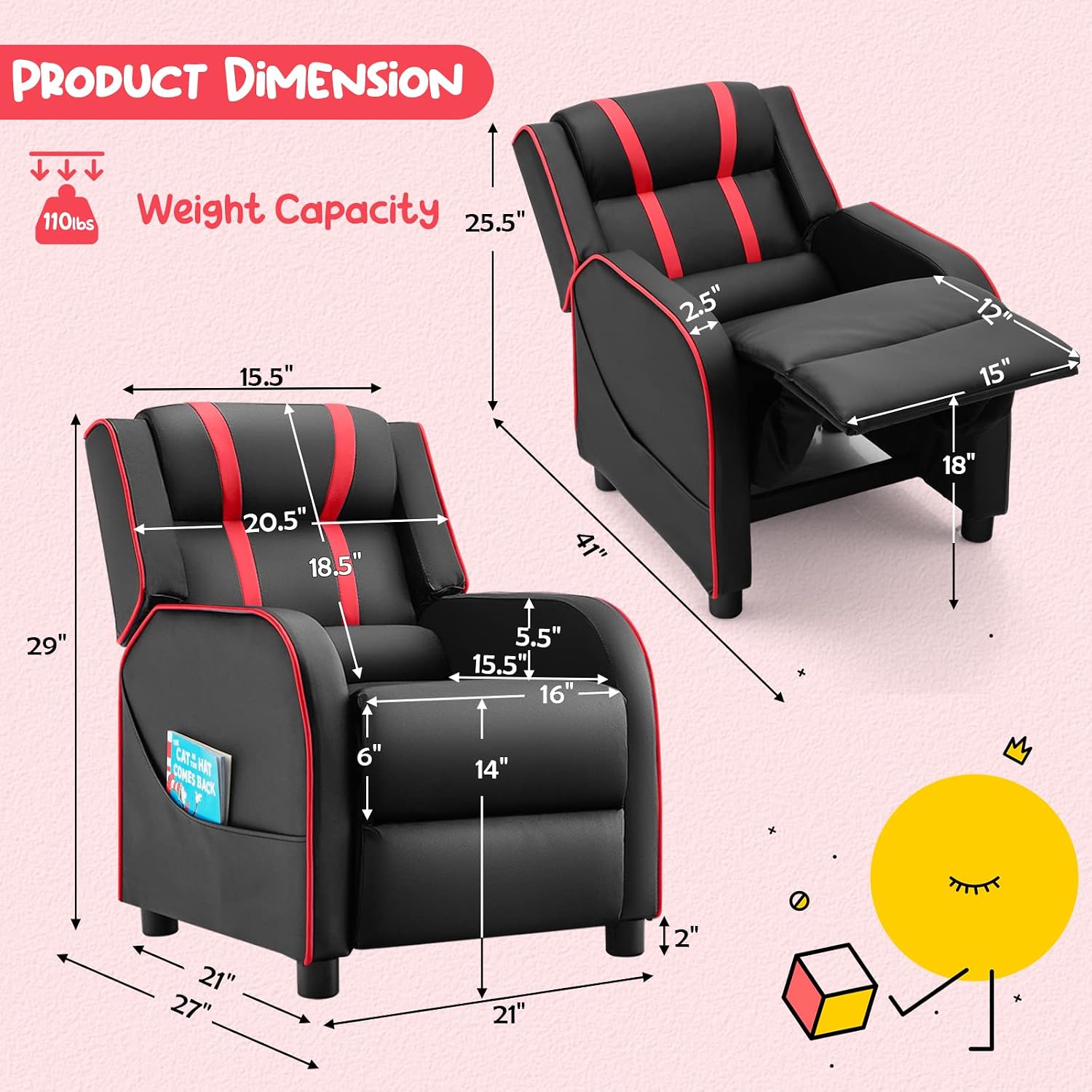 Costzon Kids Recliner, Gaming Recliner Chair w/Side Pockets, Footrest, Headrest & Lumbar Support for Kids Room & Play Room, Adjustable Racing Style Leather Sofa for Children Boys Girls (Red, Black)